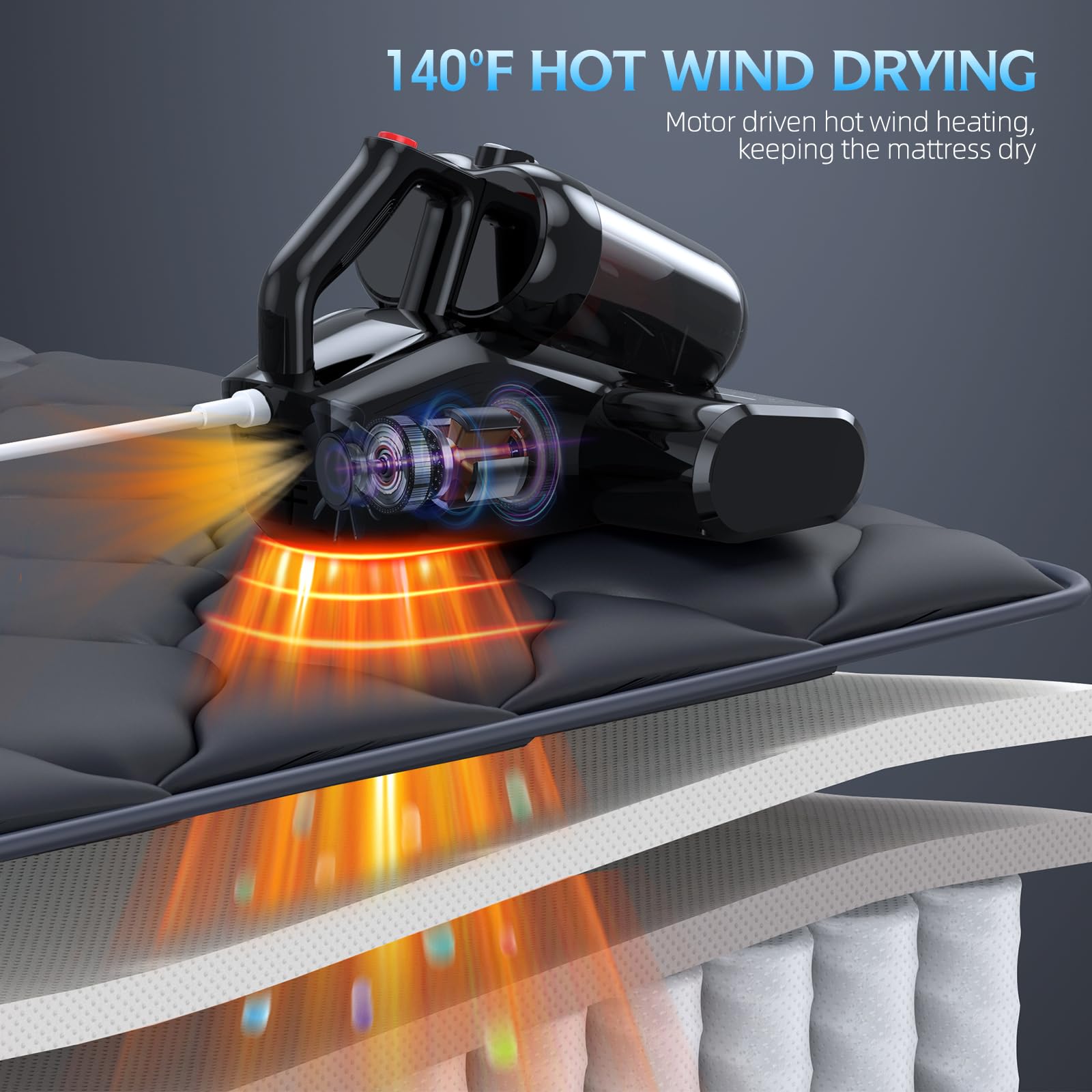 Mattress Vacuum Bed Vacuum Cleaner with 253.7nm UV-C Light 16Kpa Suction 40000 Rpm/Min Brushroll Rotation HEPA Filter Heating Anti Dust-Mite Cleaning