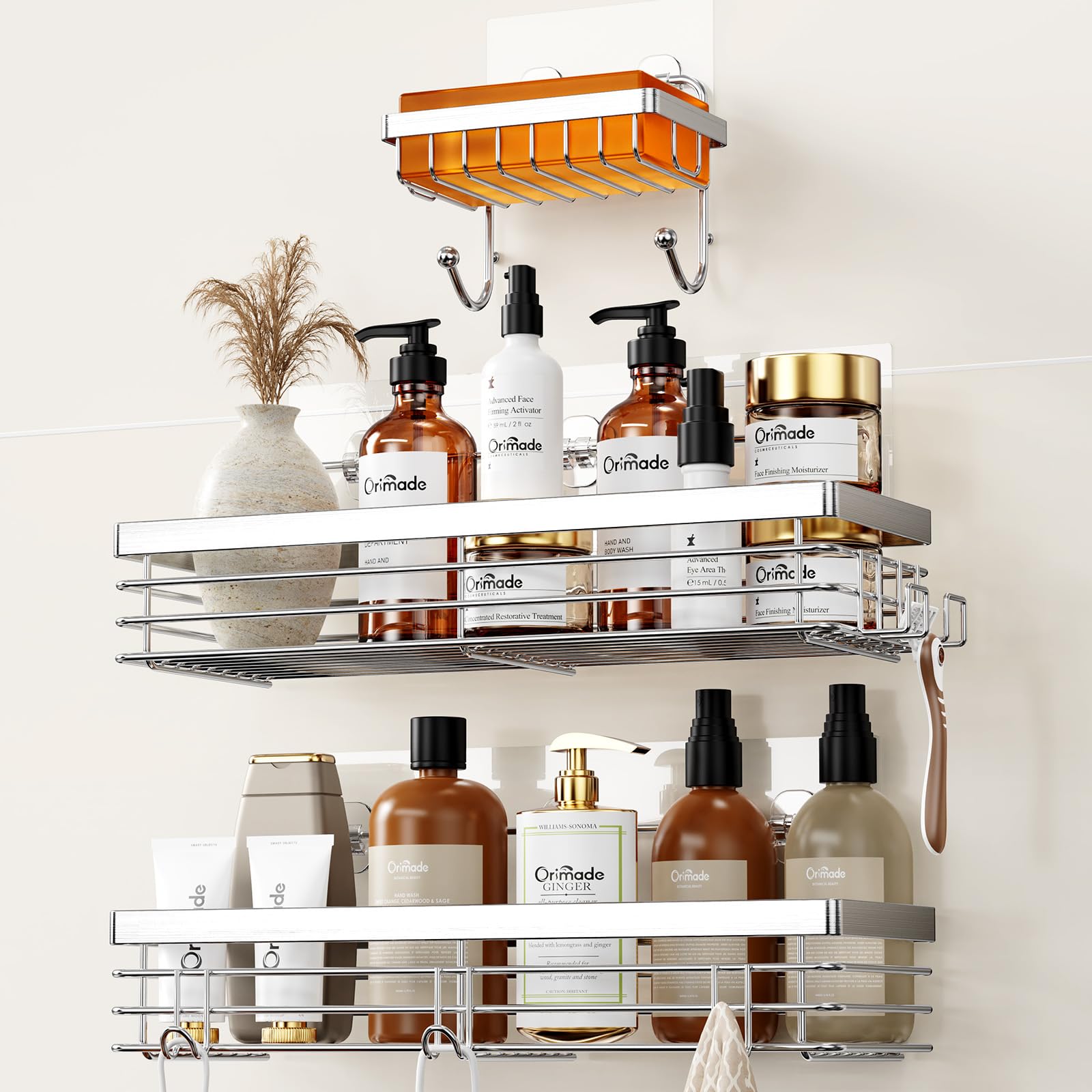 Orimade Adhesive Shower Caddy Soap Dish Holder Shelf with 5 Hooks Bathroom Organizer Basket Kitchen Storage Rack Wall Mounted No Drilling Stainless