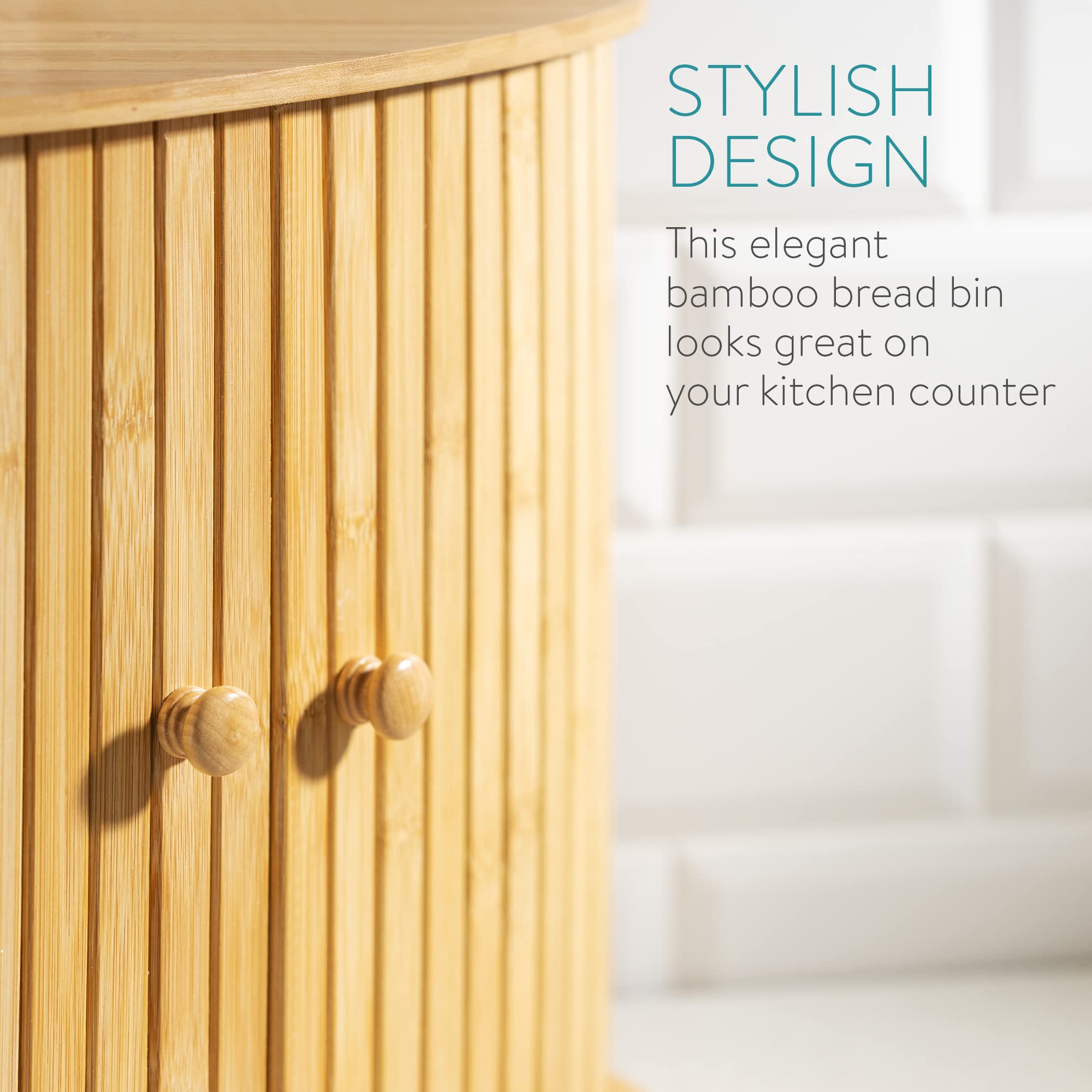 Navaris Wooden Bread Bin- Countertop Kitchen Corner Bread Bun Farmhouse Loaf Bagel Wood Container with Sliding Doors - Corner Wood Breadbox