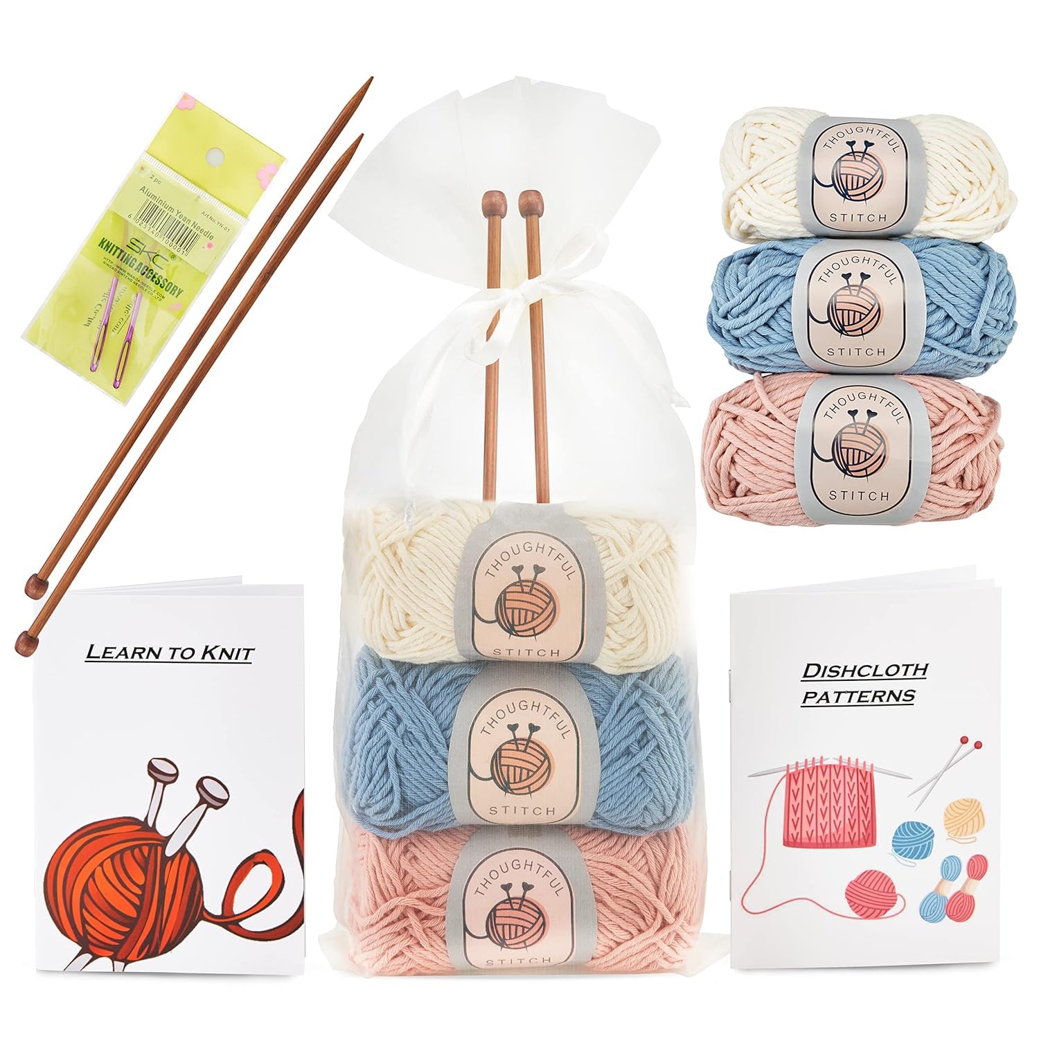 Thoughtful Stitch Knitting Kits for Beginners Adults ? Knitting Needle Set - Make Your Own Dishcloth ? Craft Kits for Adults ? Includes Bamboo