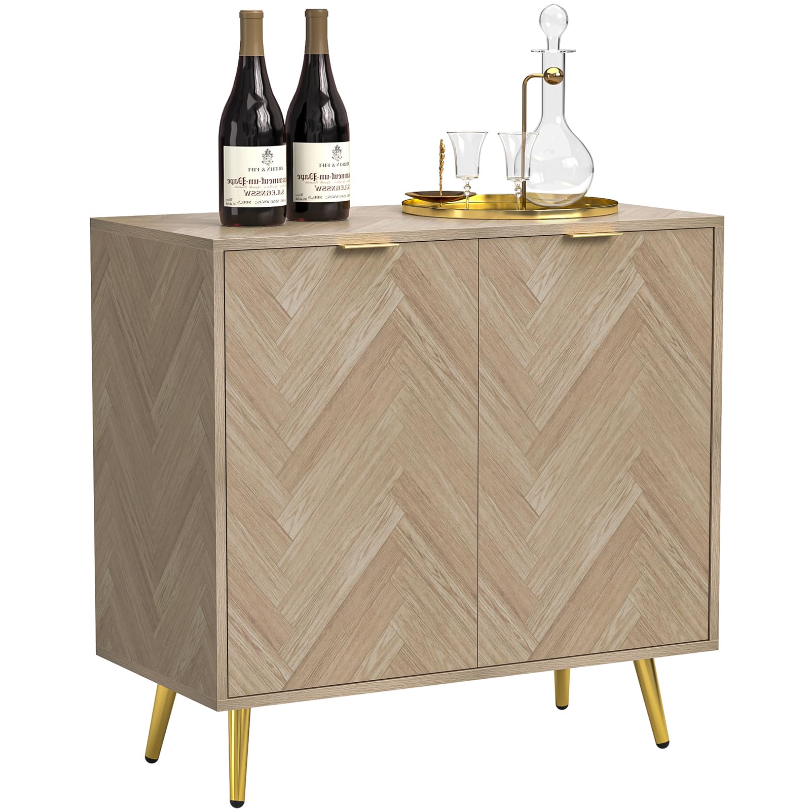 Yvsevnr Sideboards for Living Room Wooden Storage Cabinet Small Sideboard Herringbone Cupboard with Adjustable Shelves Accent Cabinet for Kitchen,