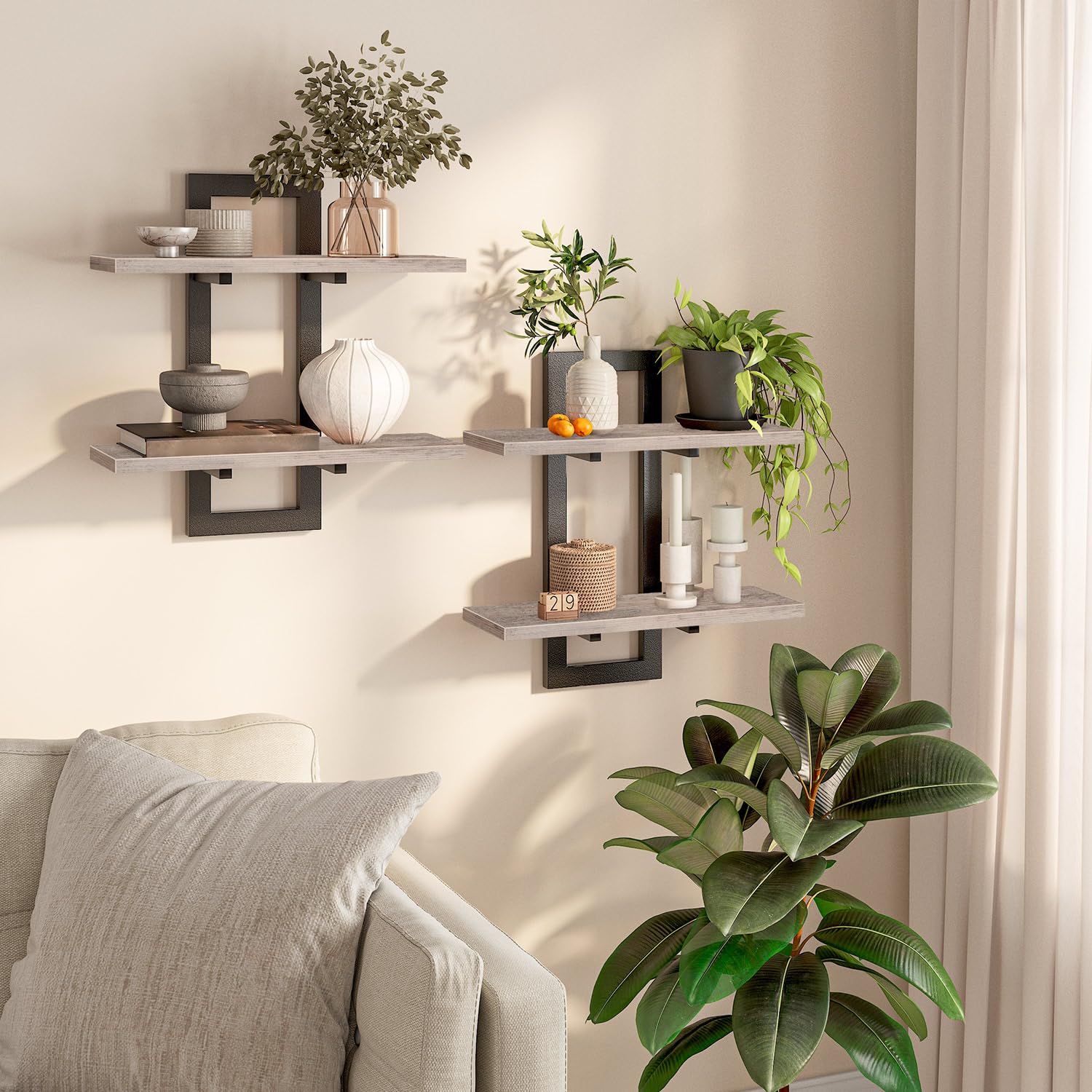 HOOBRO Floating Shelves, Wall Shelves Set of 2, Wall Mounted Storage Shelves 2-Tier, Wall Display Racks, Hanging Bathroom Shelves, for Kitchen, Living