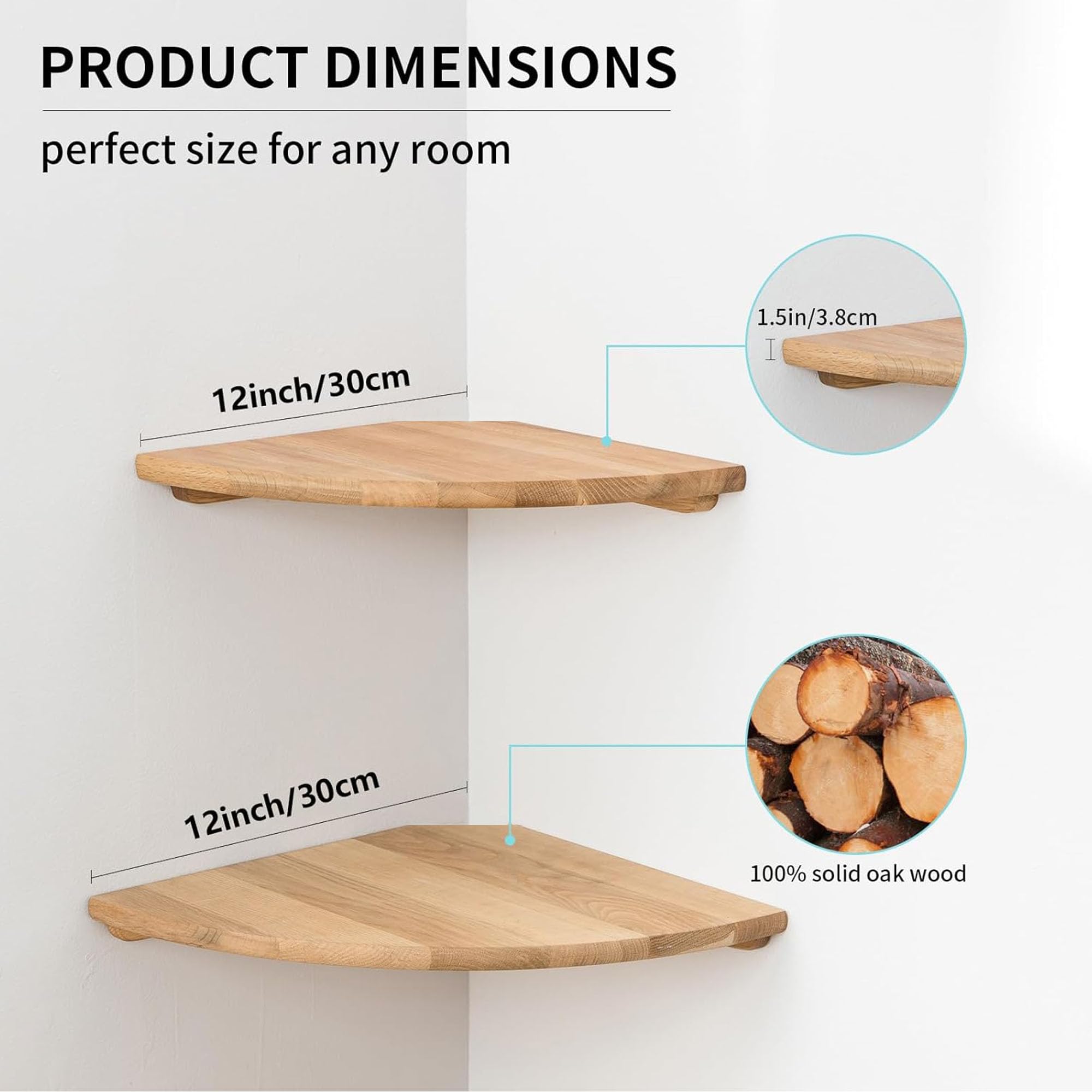 GIEANOO Corner Shelves, Solid Oak Wood Set of 2 12inch Floating Corner Shelves Wall Mount Round End Floating Speaker Shelf With Wire Hole Shelf for
