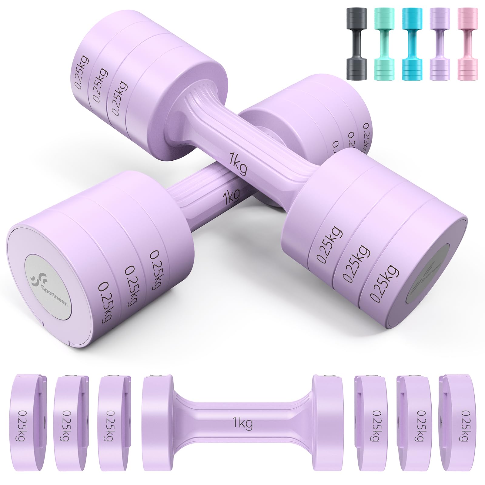 Sportneer Adjustable Dumbbells Set: Each 1kg/1.5kg/2kg/2.5kg (2kg-5kg per Pair), 4-in-1 Dumbbells Set Women, Weights for Women, Adjustable Dumbbell