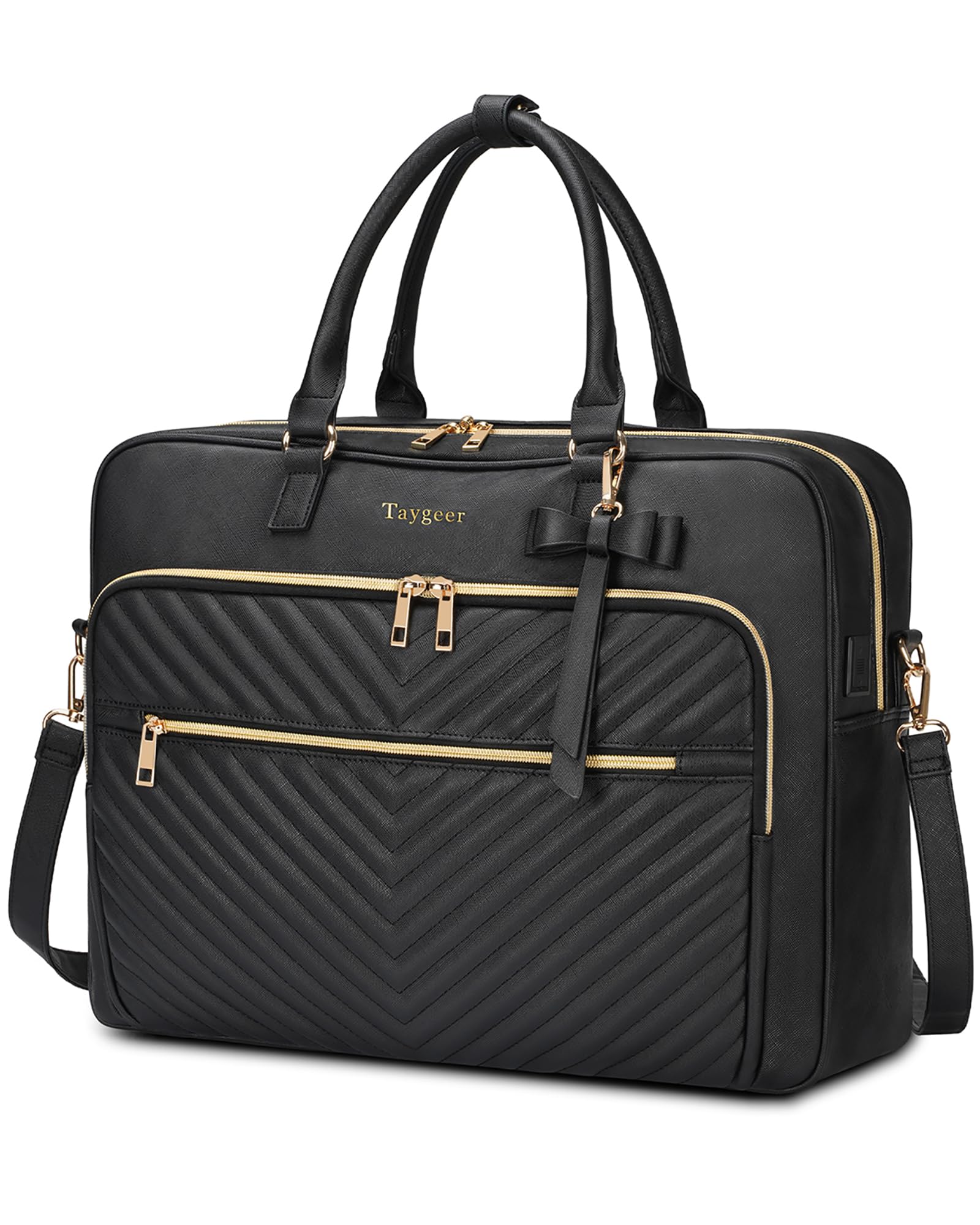 Taygeer Leather Laptop Bag, 17 Inch Large Quilted Laptop Tote Bag With USB, Convertible Briefcase for Women, Water Resistant Leather Handbag, With a