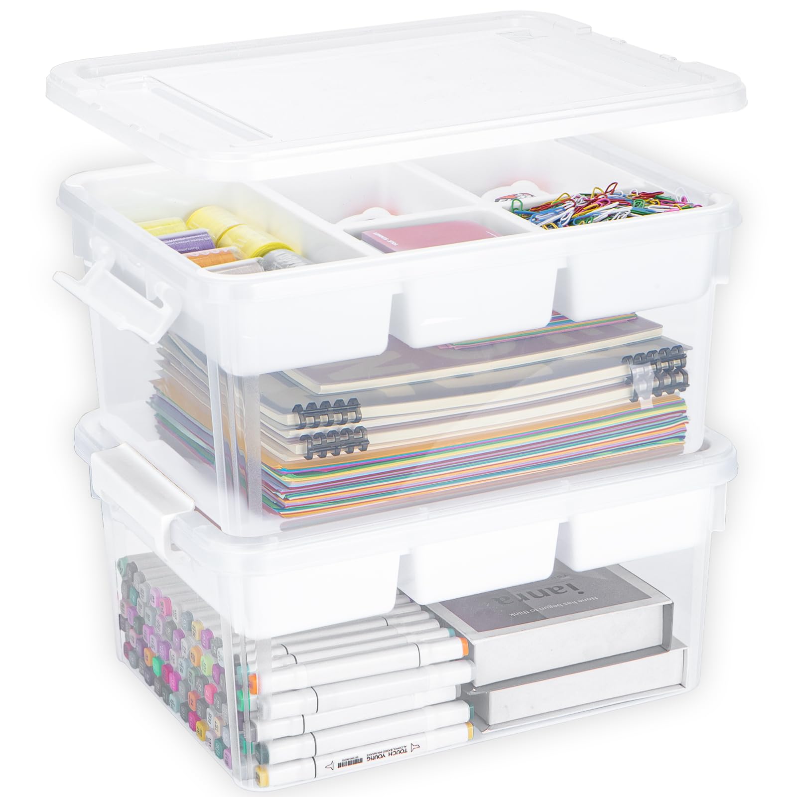 Creahaus 2Pack 16L Organizers and Storage Box with Removable Tray, Durable Plastic Containers with Lids and Latching Buckles, Stackable Art & Craft