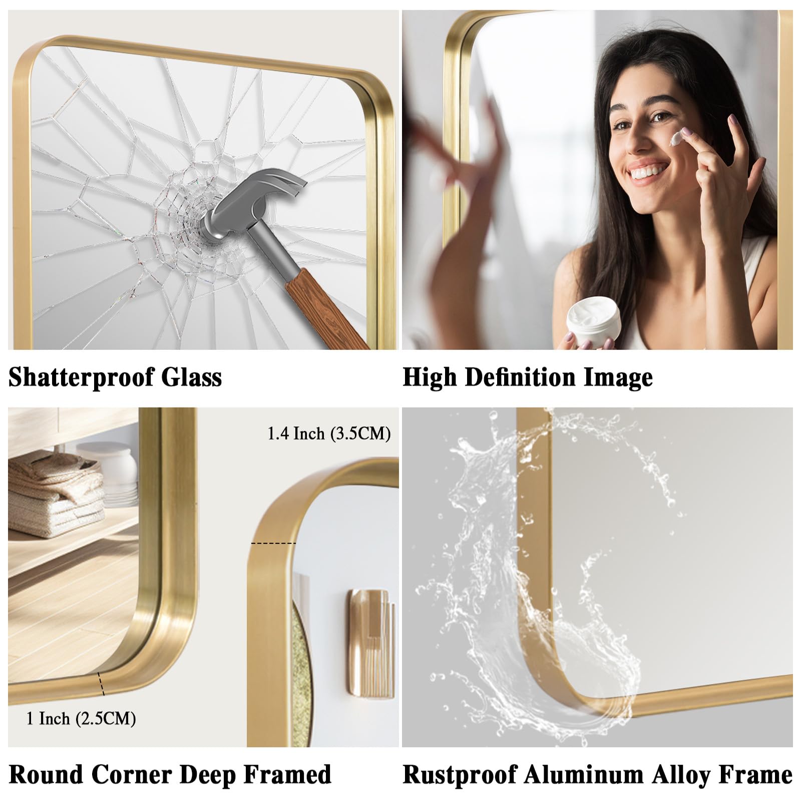 LunaMirror Wall Mirror 60x90 CM Wall-Mounted Bathroom Vanity Mirror Stylish Gold Mirror Wall Decor Rectangle Wall Hanging Mirror with Curved Corners