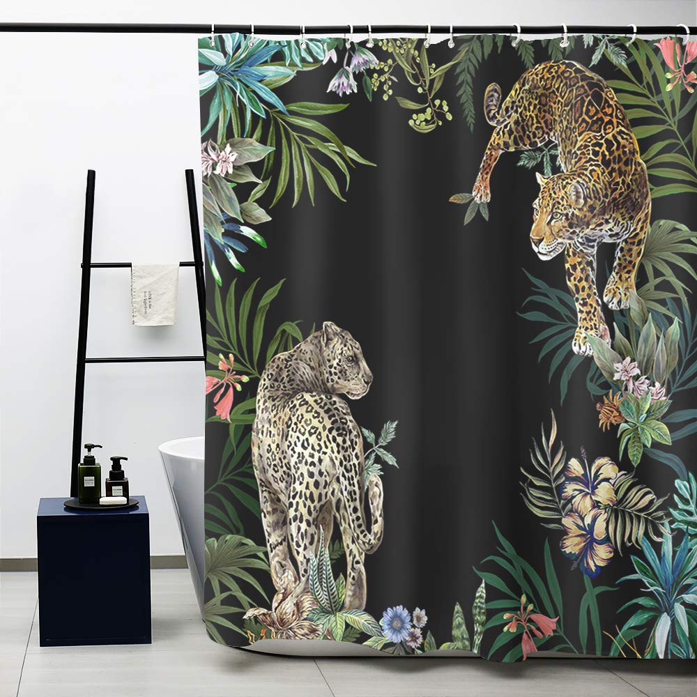Obal Shower Curtain, Leopards In Jungle Black Background Bathroom Curtains Water Resistant Mould Resistant Polyester Heavy Weight Home Accessories Set