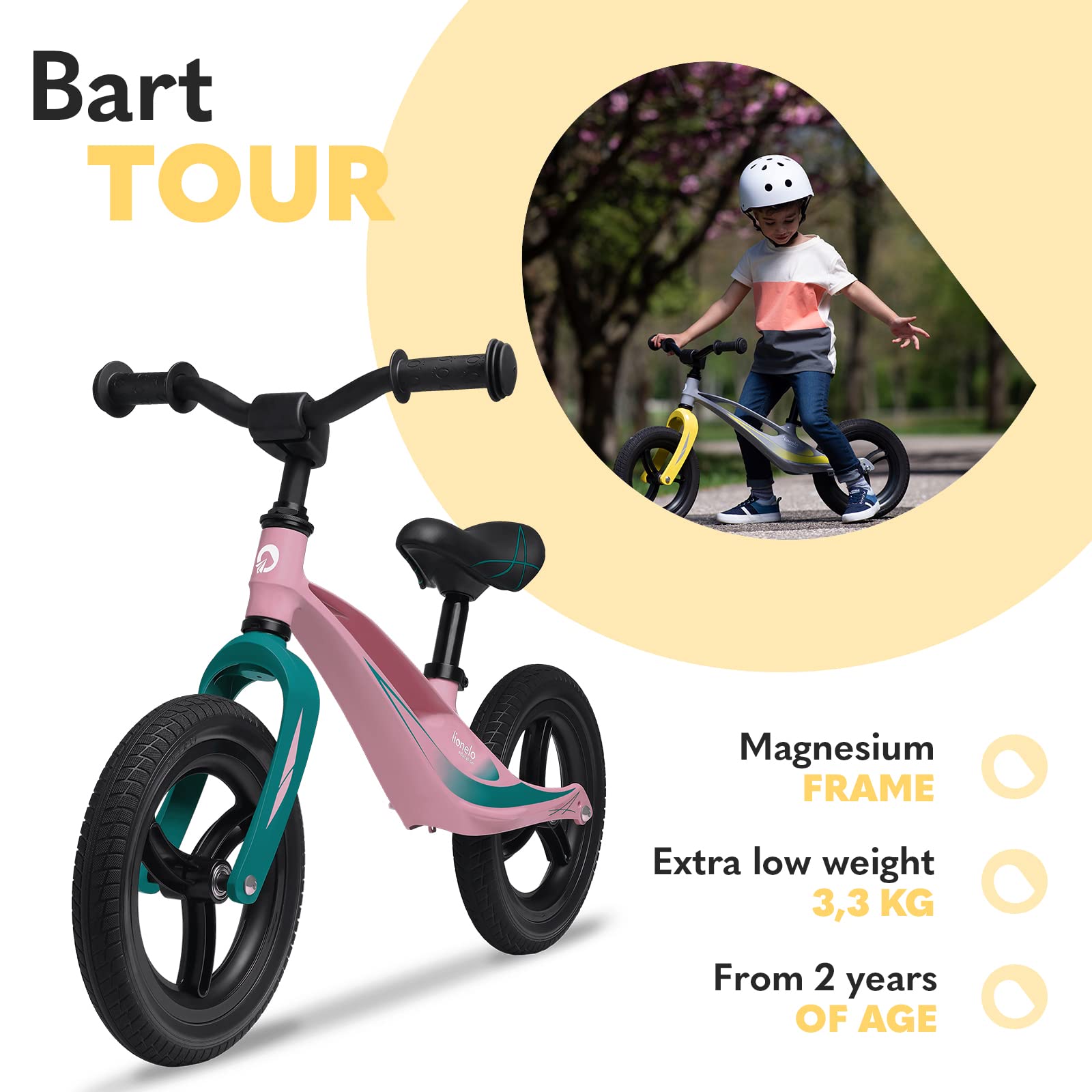 lionelo Bart Tour Wheels From 2 Years Up To 30 Kg, Magnesium Frame, Sporty Style, Maintenance Free Pu 12" Wheels, Height Adjustable Handlebars And