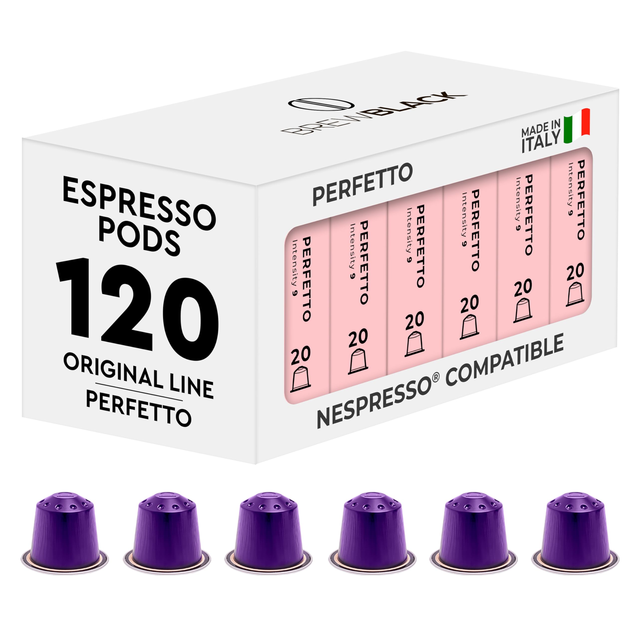 BrewBlack Perfetto Coffee Capsules - 120 Aluminium Coffee Pods Compatible with Nespresso Original line, Medium Roast - Intensity 9/12, Made in Italy