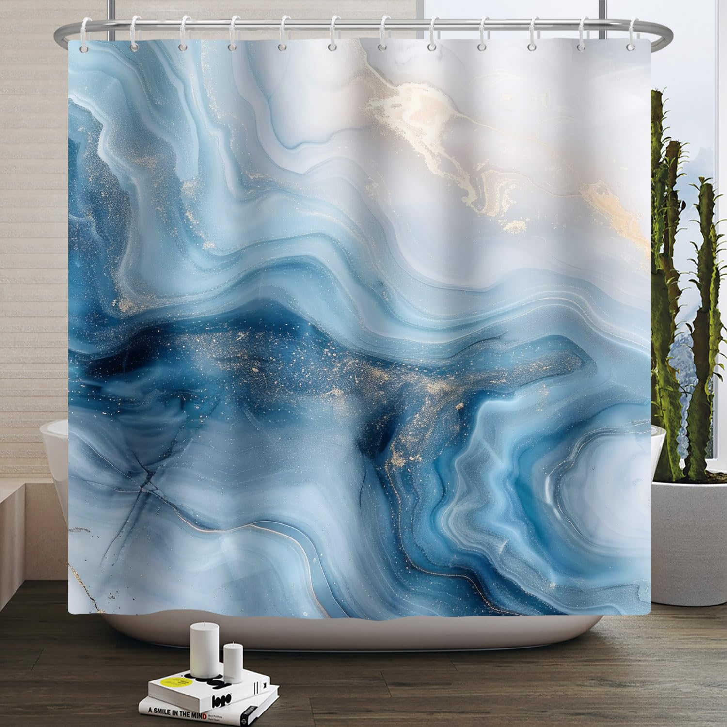 Kzzfqxb 180x200cm Shower Curtains with Plastic Hooks, Waterproof Occluded Blue Golden Marble Texture Milky Waterflow Wave Modern Art Pattern for Bath,