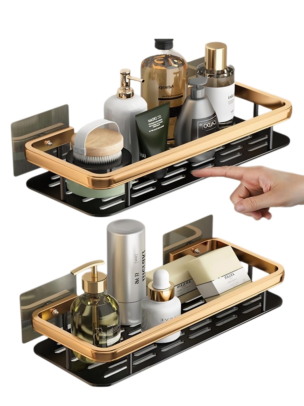 Otufan 2 Pack Shower Caddy, Shower Shelf, Black and Gold Bathroom Shelves & No Drilling & Rustproof, Rectangular Shower Rack for Bathroom and Kitchen