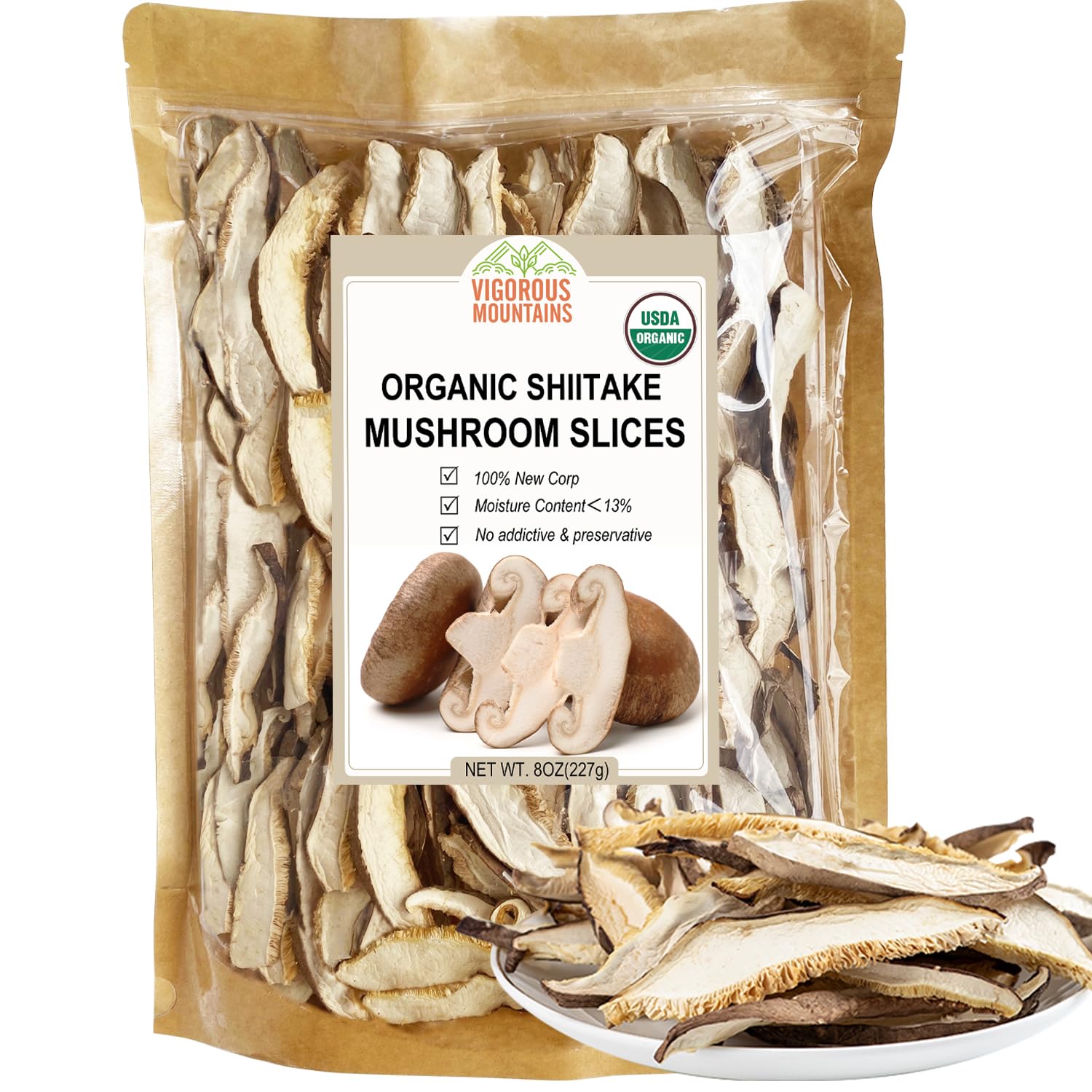 Vigorous Mountains Organic Shiitake Mushrooms Sliced, Great Size Fresh Texture Rehydrate Quickly, Dried Shiitake Mushrooms for Cooking