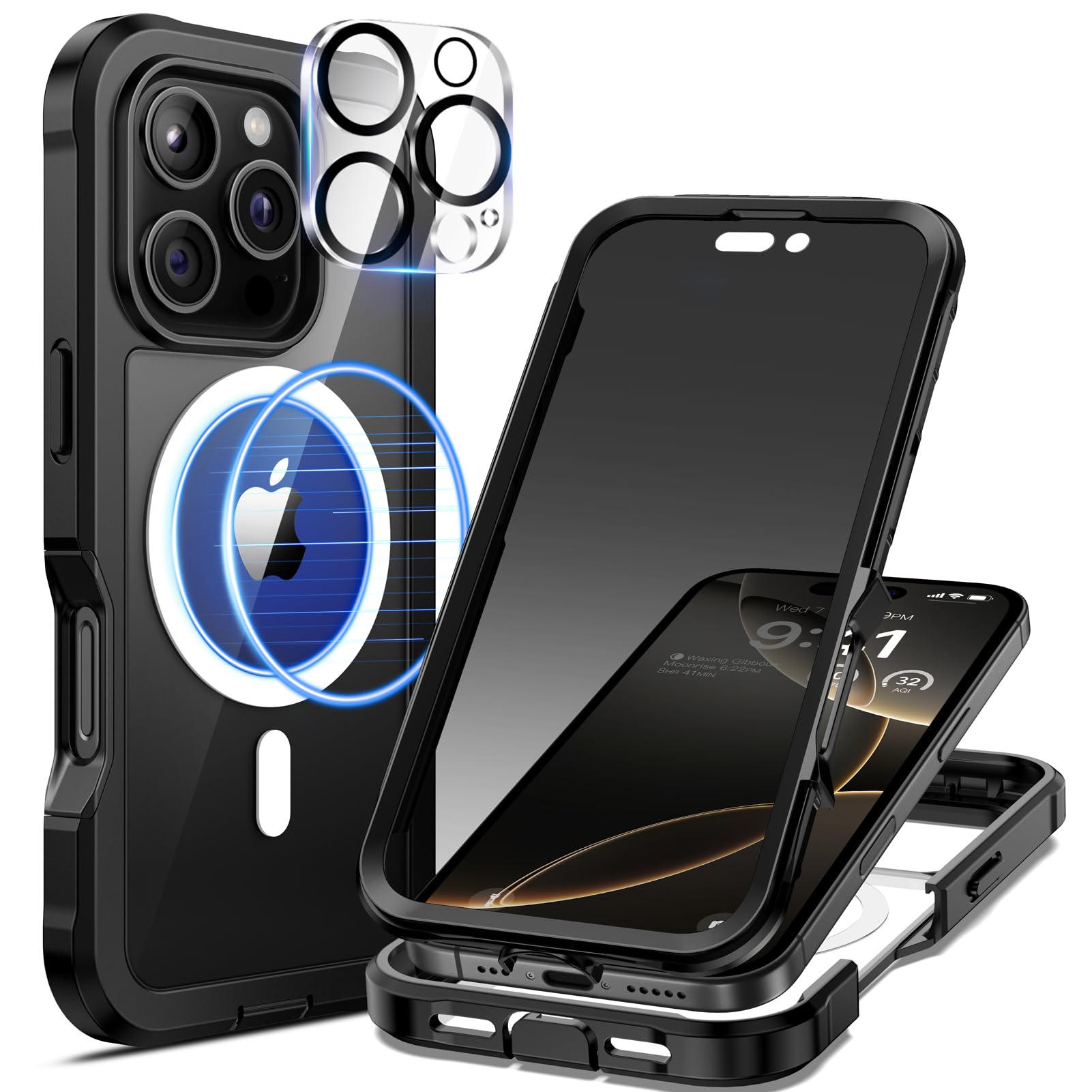 seacosmo Magnetic for iPhone 16 Pro Max Case, Privacy Phone Cover Compatible with Magsafe Built-in Anti Peep Tempered Glass Privacy Screen Protector