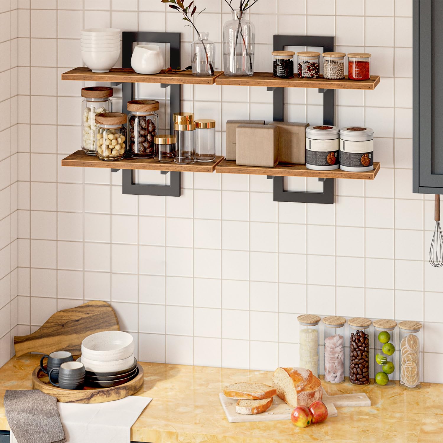 HOOBRO Floating Shelves, Wall Shelves Set of 2, Wall Mounted Storage Shelves 2-Tier, Wall Display Racks, Hanging Bathroom Shelves, for Kitchen, Living
