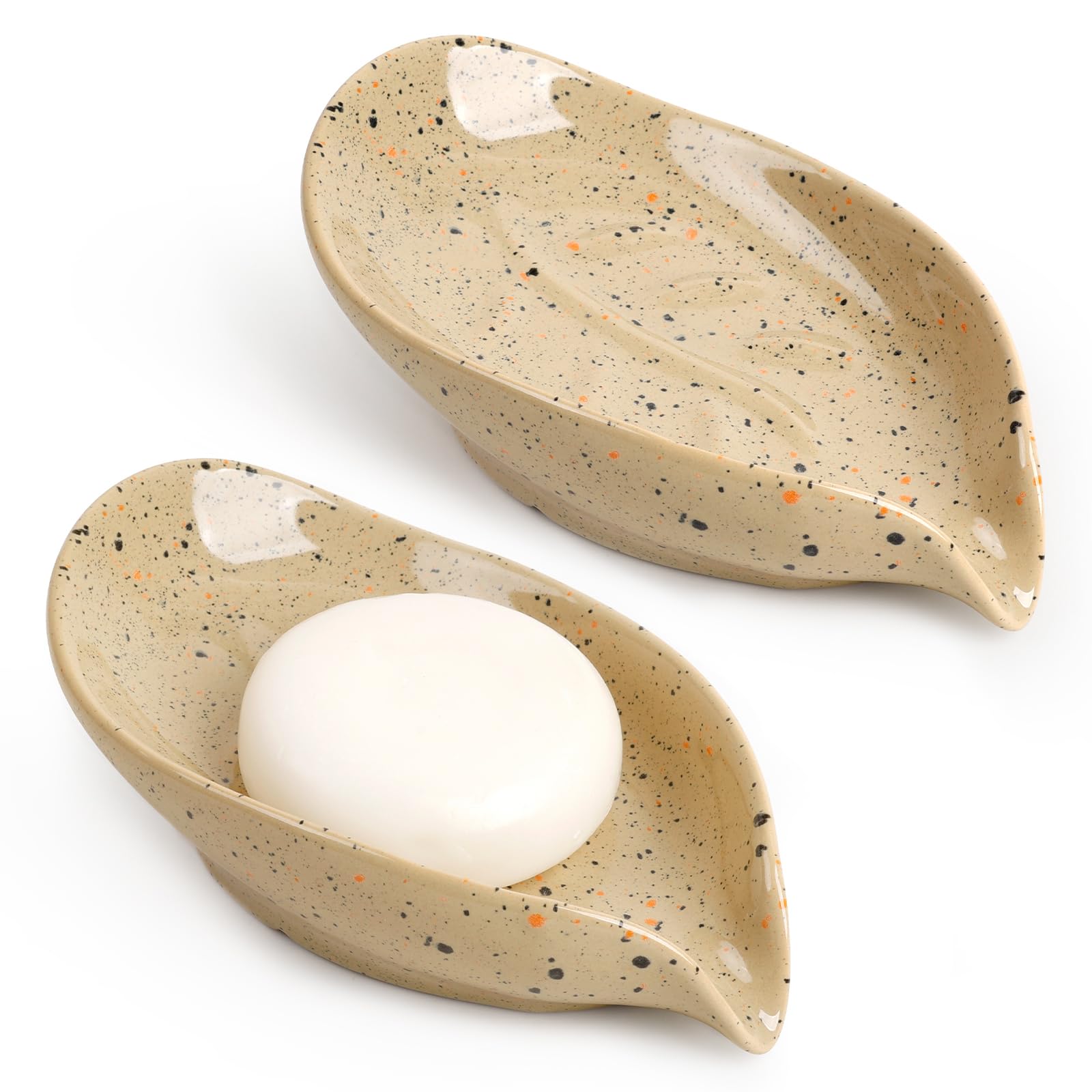 ANTIS'S HOME Ceramic Soap Dish, Leaf-Shaped Ceramic Soap Holders with Drainage & Self-Draining Bar Soap Tray Compact Soap Saver Bathroom Accessory for