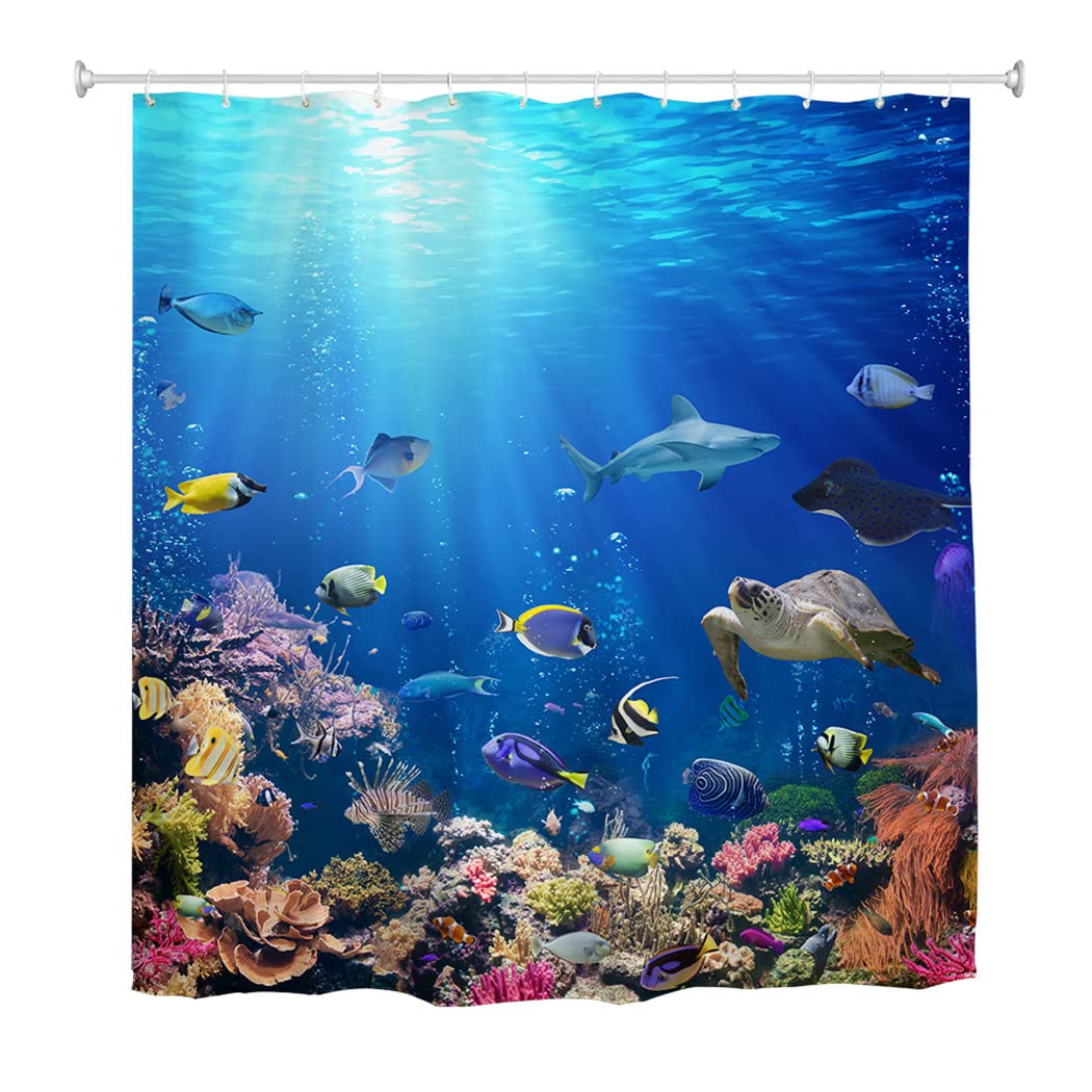 goodbath Fish Shower Curtain, Ocean Underwater World Anti Mould Fabric Waterproof Bath Curtains for Bathroom Bathtub, 180 x 180 cm,Bright Blue