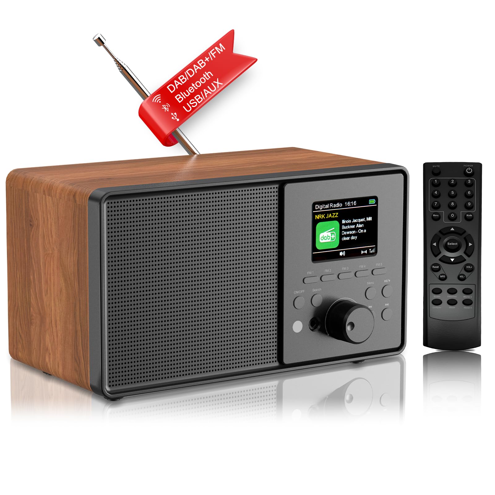 DAB/DAB+ FM Digital Radio with 2.4-inch color display, Bluetooth, USB/AUX, remote control, dual alarm, sleep timer, kitchen radio, 6 languages, 30