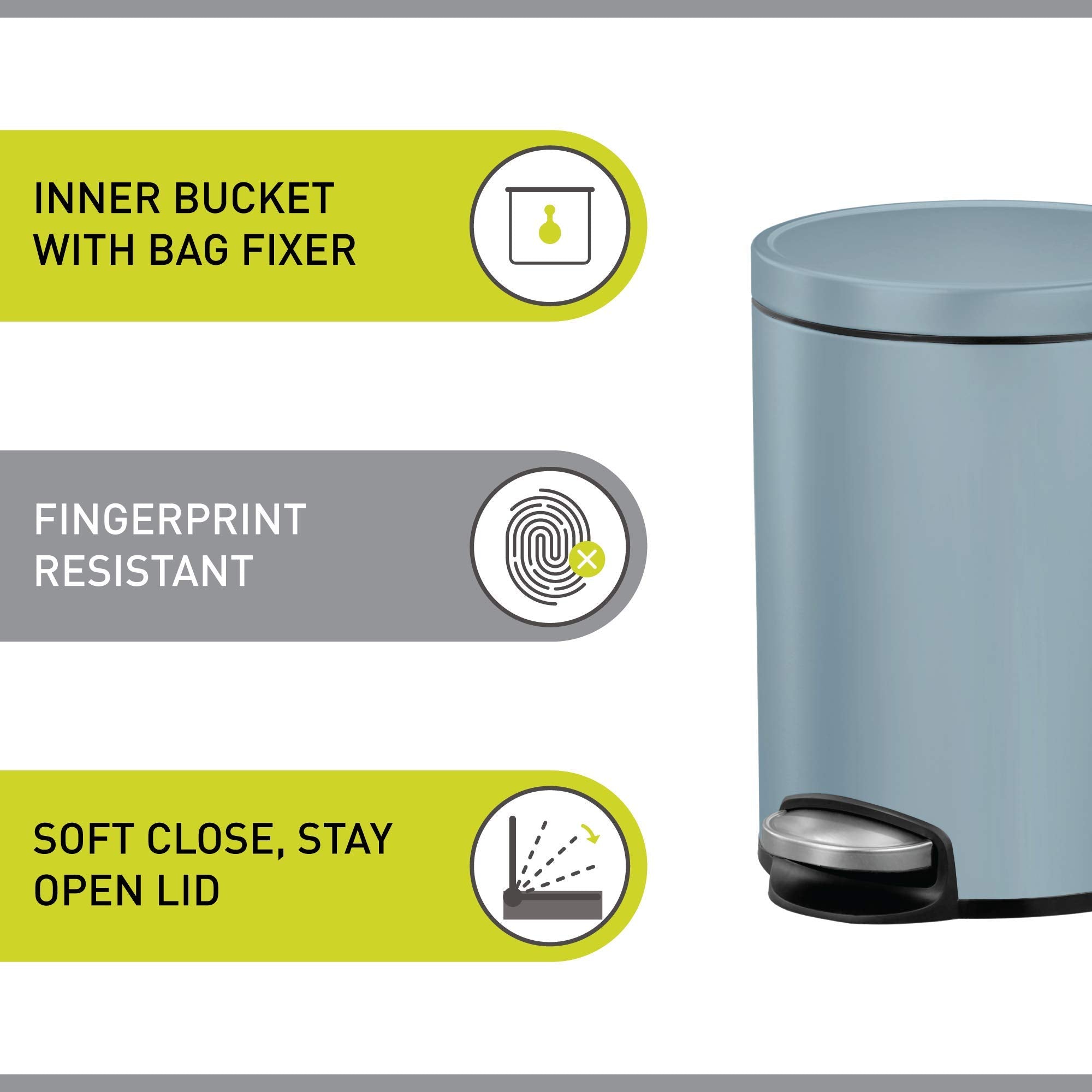 EKO Eva Pedal Bathroom Bin 5 Litres, Rubbish Bin with Soft Close Lid, Removable Inner Bucket, Perfect for Bathroom, Bedroom & Home, Titanium Blue