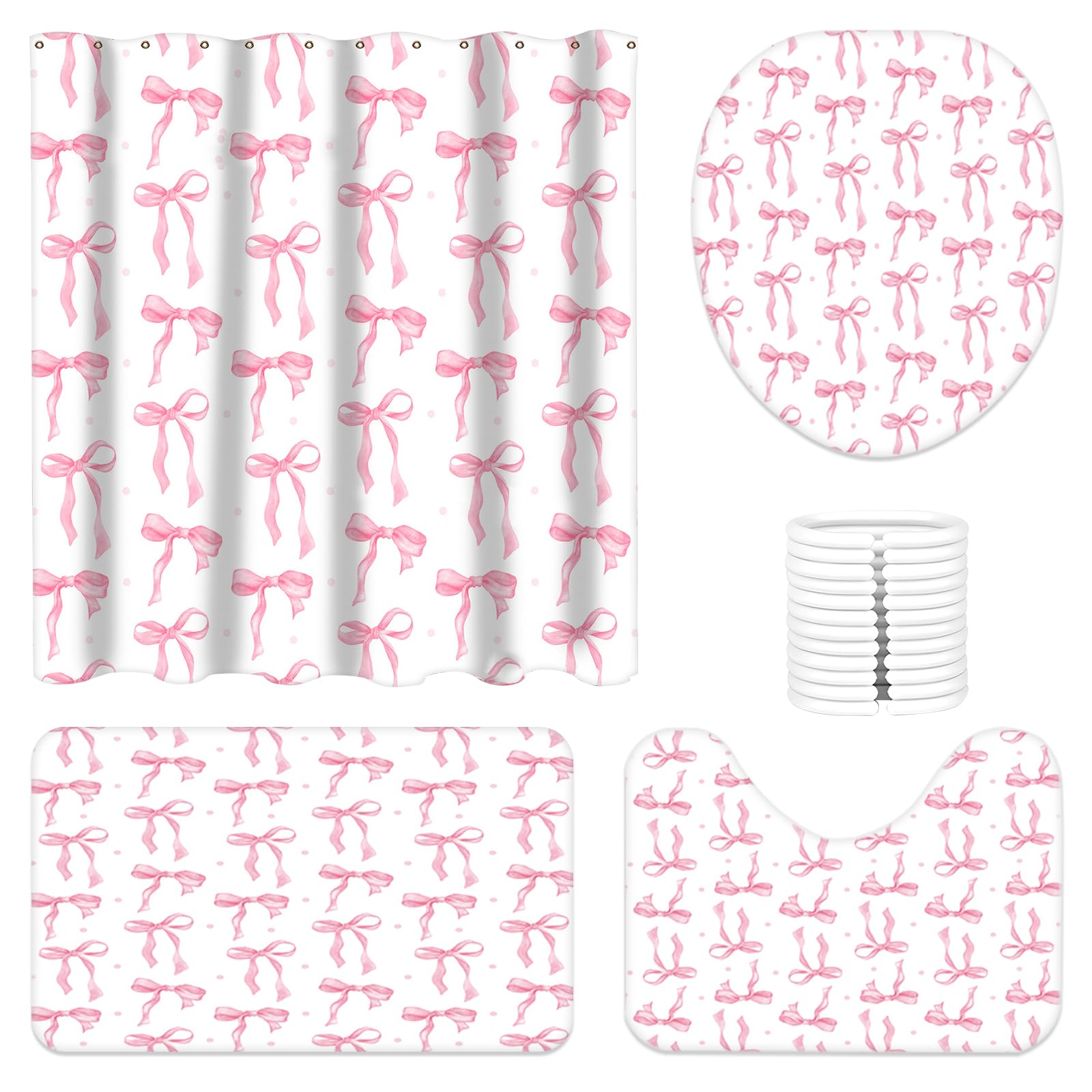 LuLobtg 4 Pcs Bow Shower Curtain Set, Butterfly Knot Bathroom Decor Set with Toilet Lid Cover, Non-Slip Rugs, Absorbent Pads and Waterproof Bathroom