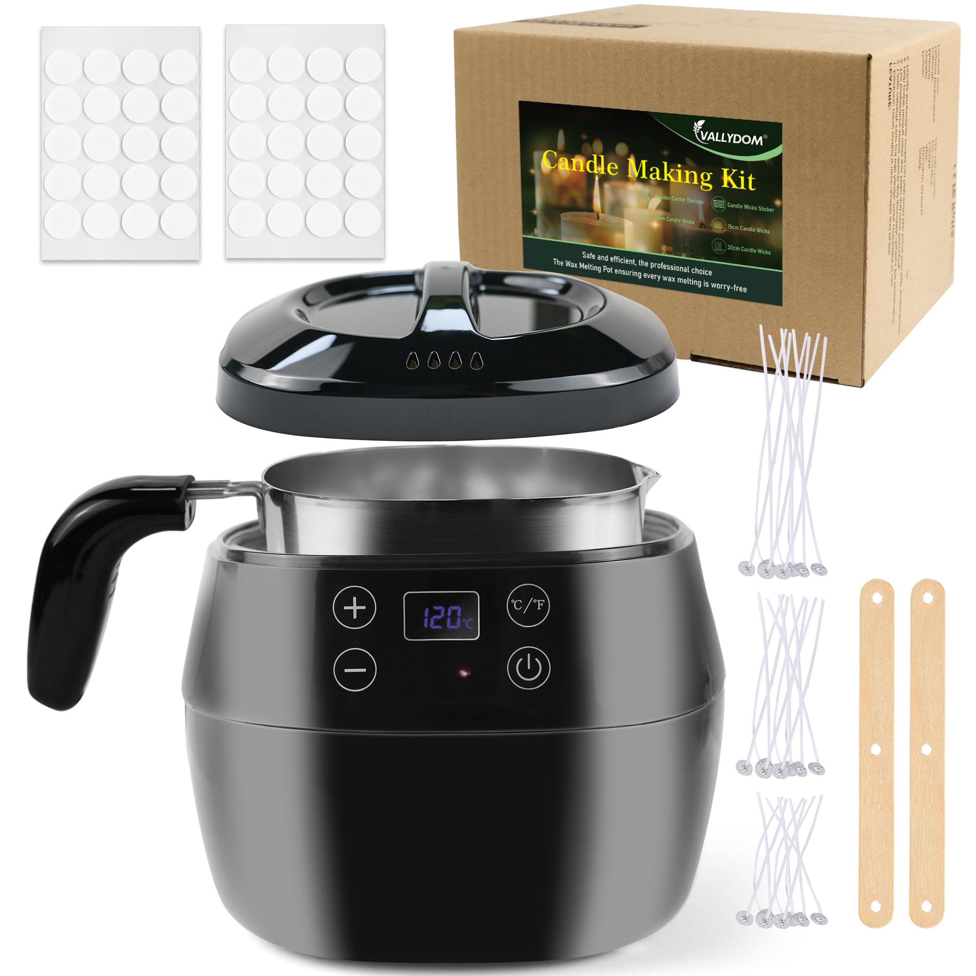 VALLYDOM Wax Melter, Candle Making Kit, Wax Pot 1000ml Capacity, Candle Jars for Making Candles, Wax Melter for Candle Making, with Candle Wicks,