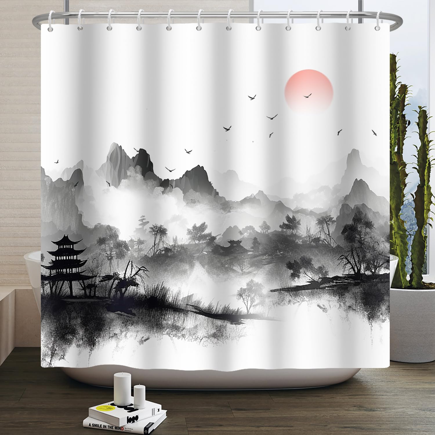 Kzzfqxb 105x160cm Foggy Shower Curtains with Hooks, White Mist Black Mountains Red Sun Trees Scenery Chinese Ink Painting Occluded Waterproof for