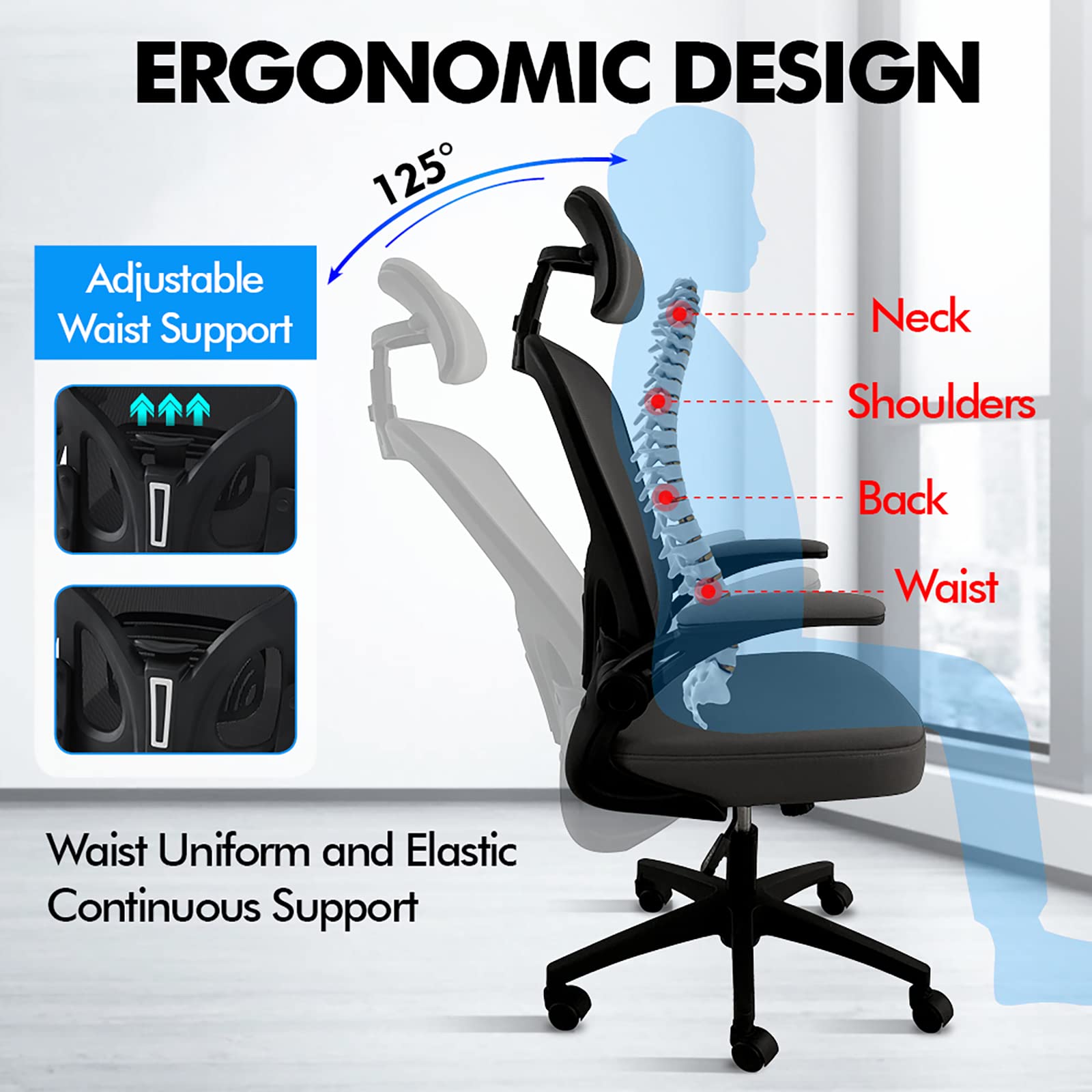 OWAY HOMELIVING Ergonomic Office Chair with Adjustable Lumbar Support & High-Back Mesh Desk Chair 150kg Weight Capacity & 125 Recline & Flip-Up