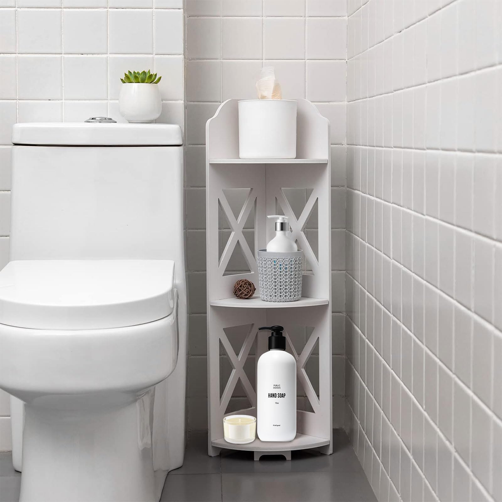 CIGAA Corner Shelf Stand for Bathroom Storage Corner Shelves Perfect for Small Space, 3-Tier Waterproof Toilet Paper Holder Stand, White