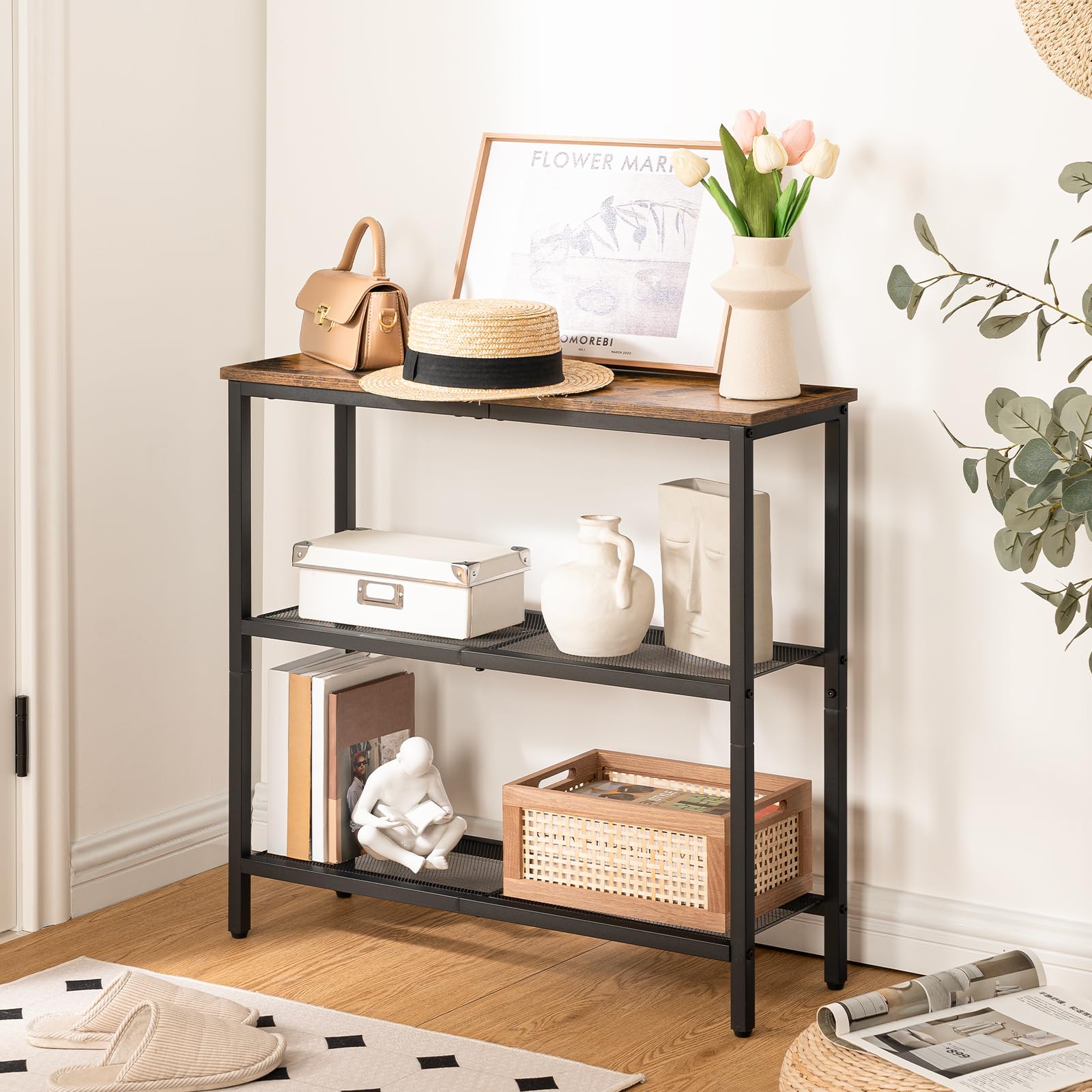 HOOBRO Console Table for Hallway Slim, Narrow Console Table, Hallway Table with 3 Shelves, Slim Sofa Table for Small Spaces, Living Room, Metal Mesh