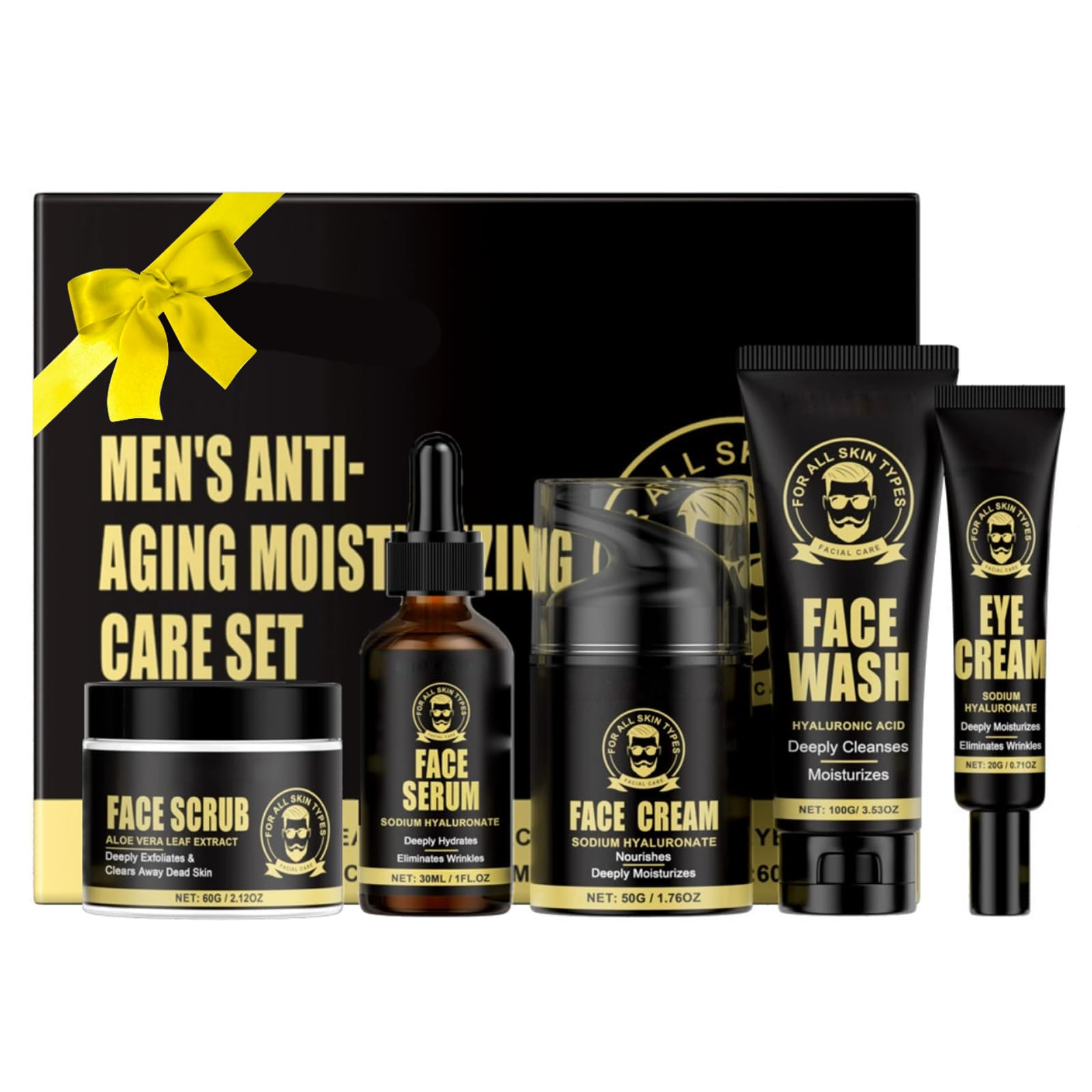 5PCS Mens Skin Care Sets & Kits- Anti-Aging Mens Skincare Set With Face Cream ,Face Wash & Scrub, Eye Cream, Anti Wrinkle Serum, Moisturiser Gift Sets