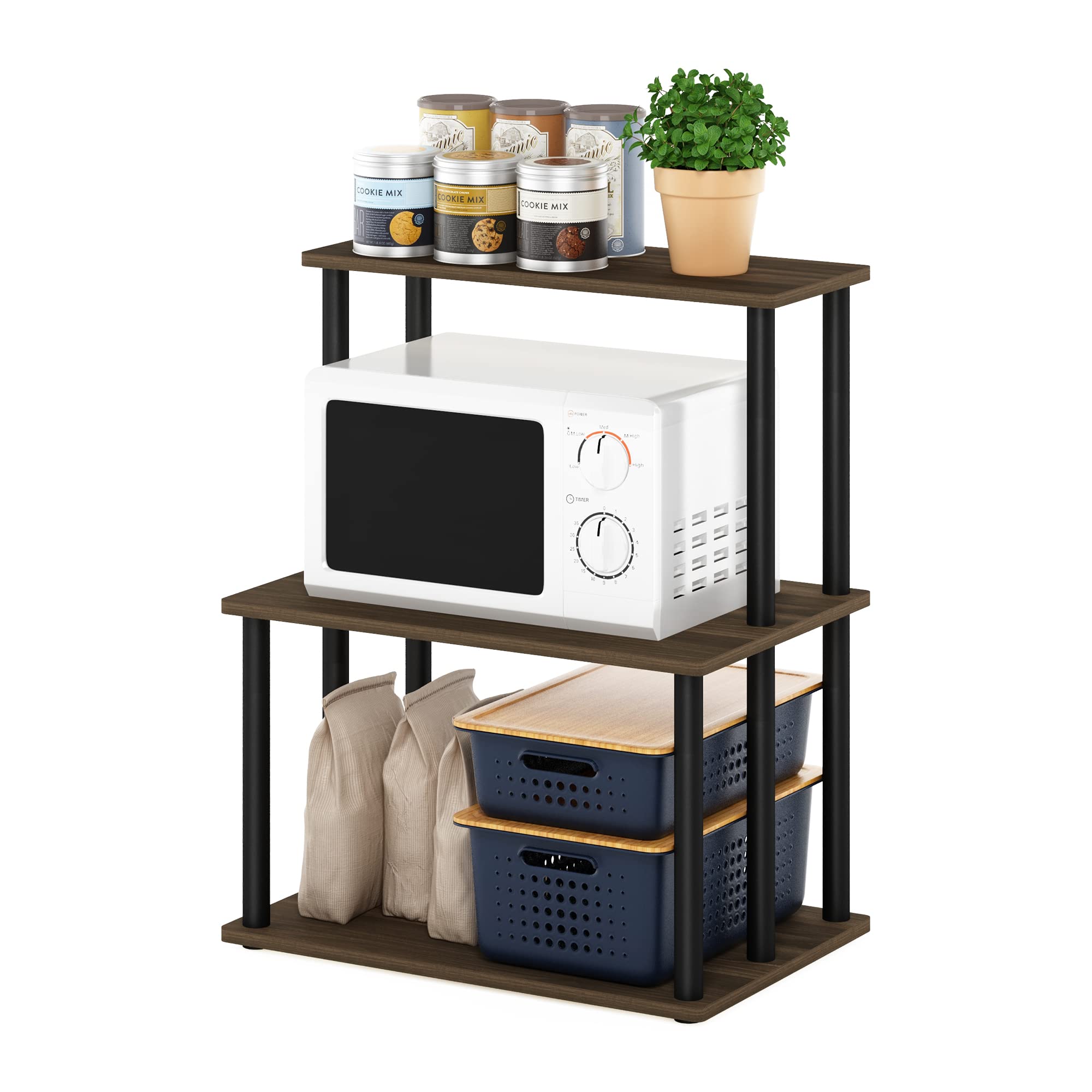 Furinno TURN-N-TUBE Coffee Bar, 3-Tier Bakers Rack, Kitchen Shelves, for Pantry Organizers and Storage, Kitchen Organization, Columbia Walnut