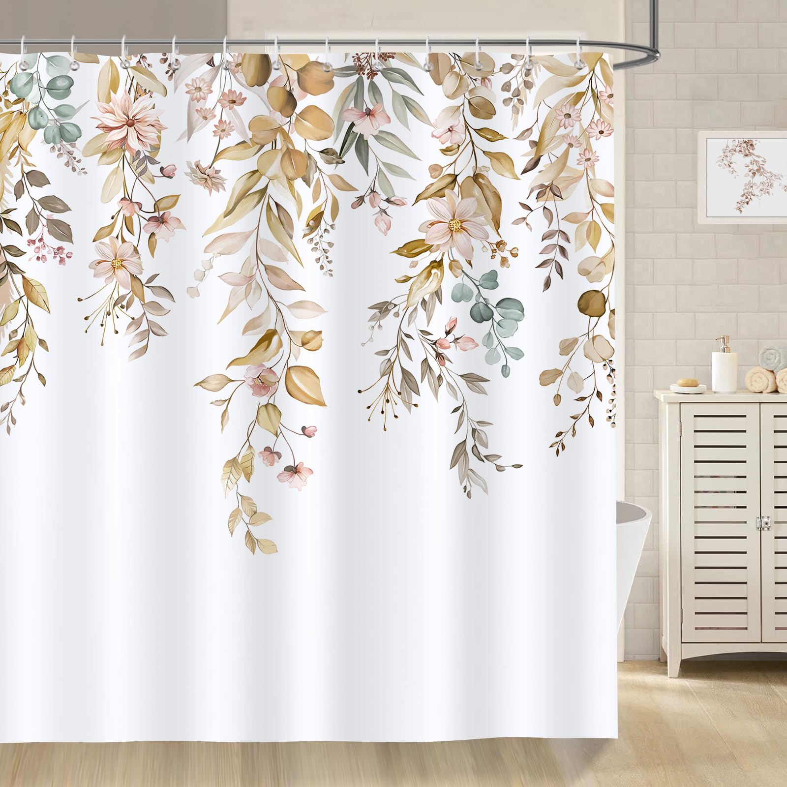 Bonhause Brown Eucalyptus Shower Curtain 180 x 180 cm Fall Watercolor Leaves Floral Plant Bathroom Curtain Waterproof Mildew & Mould Resistant