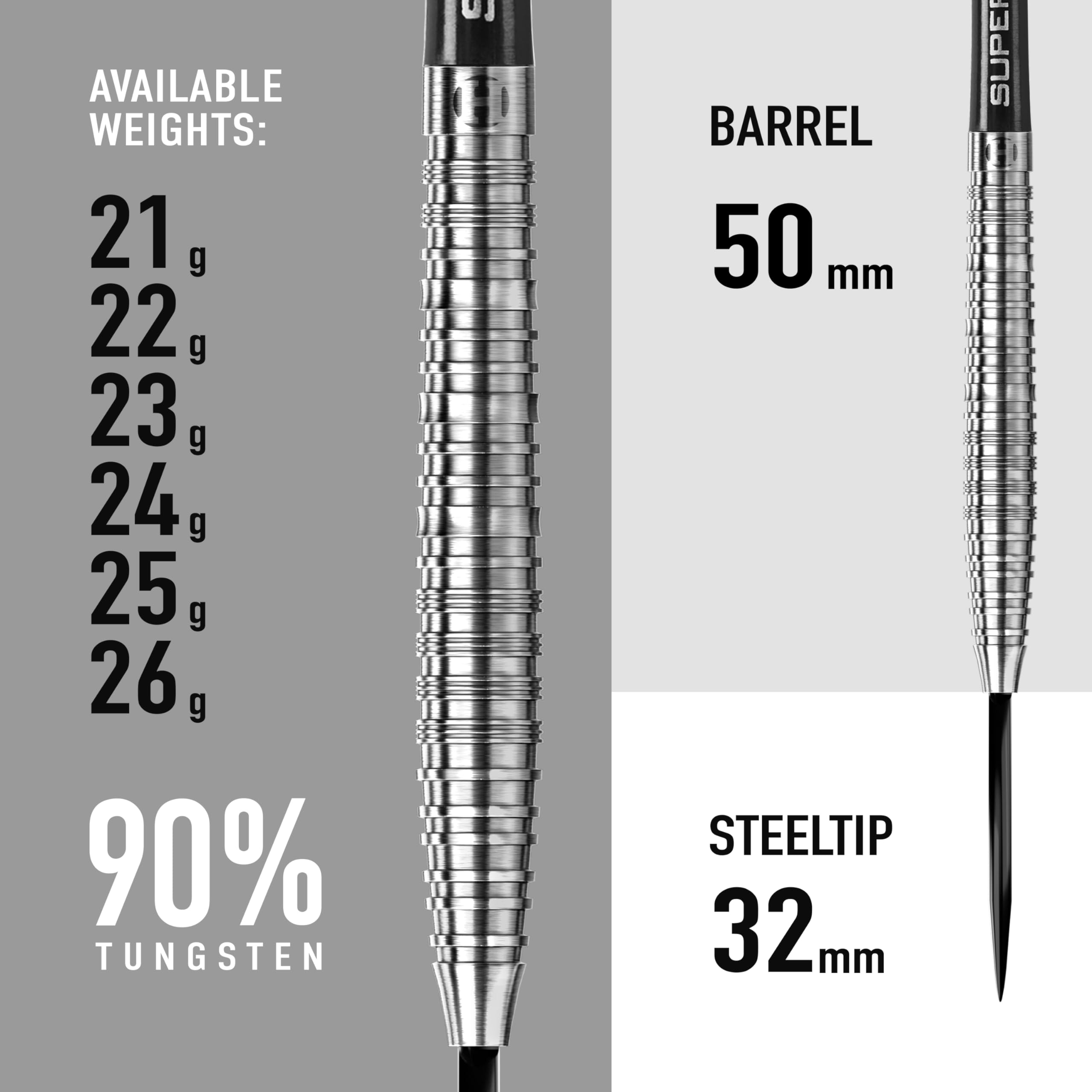 Harrows NX90 90% Tungsten Steel Tip Darts Set 21g, 22g, 23g, 24g, 25g & 26g - Includes Black Supergrip Midi Shafts & Micron NX90 Flights (22g)
