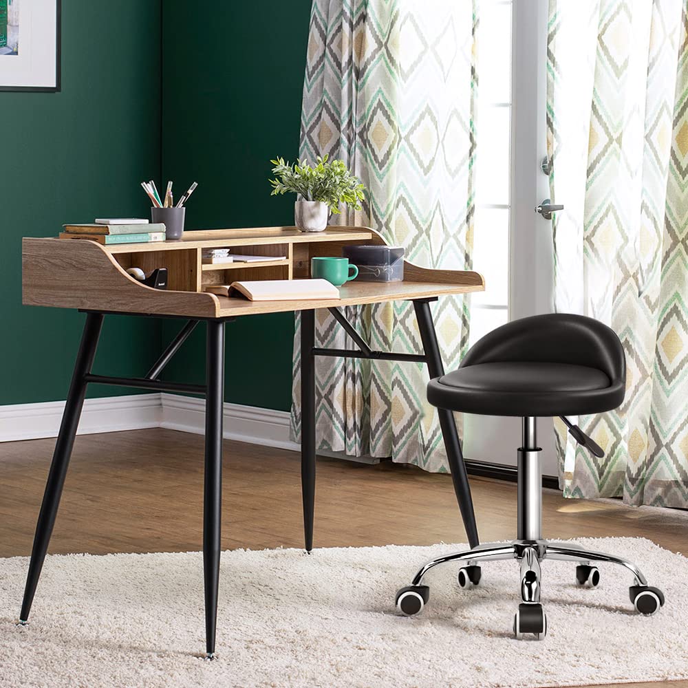 KKTONER PU Leather Round Rolling Stool with Back Rest Height Adjustable Swivel Drafting Work SPA Task Chair with Wheels (Black)
