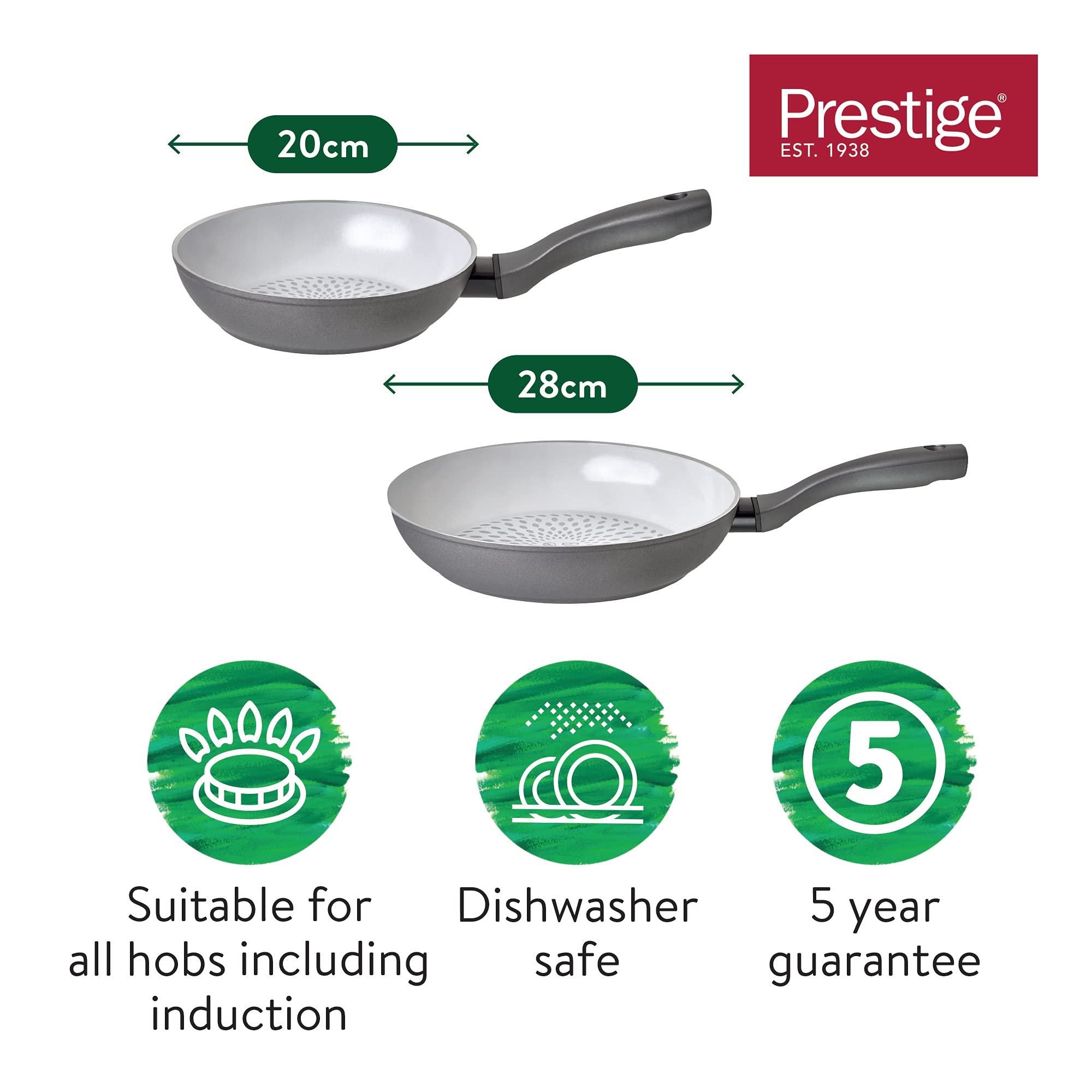 Prestige Earth Pan Ceramic Frying Pan Set Non Stick - Induction Frying Pans 20cm & 28cm, Non Toxic Cookware, Dishwasher Safe, Made in Italy, Grey