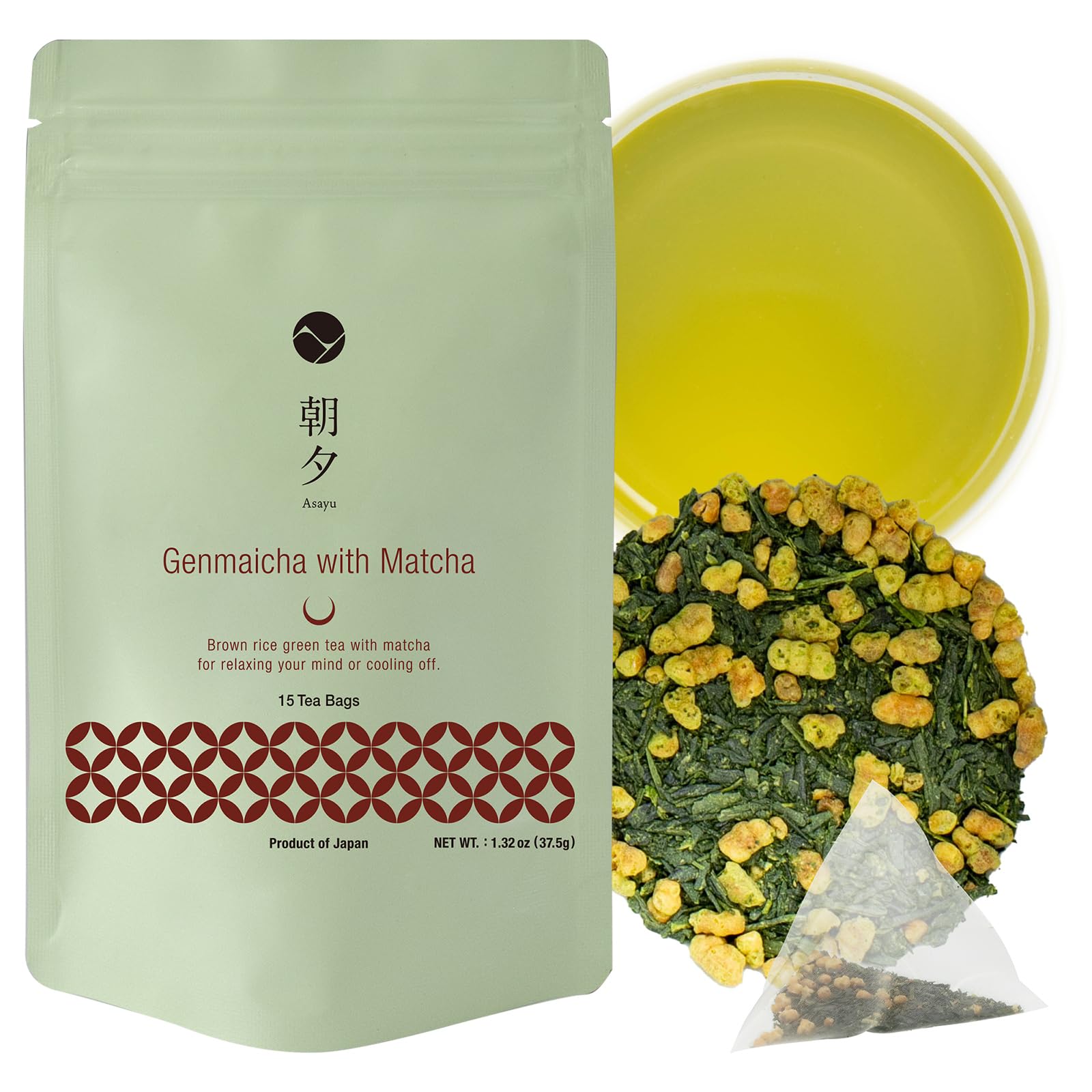 Asayu Japan Genmaicha with Matcha ? 15 Tea Bags (2.5g Each), Roasted Brown Rice & Ceremonial Grade Japanese Green Tea, 100% Made in Japan, Perfect for