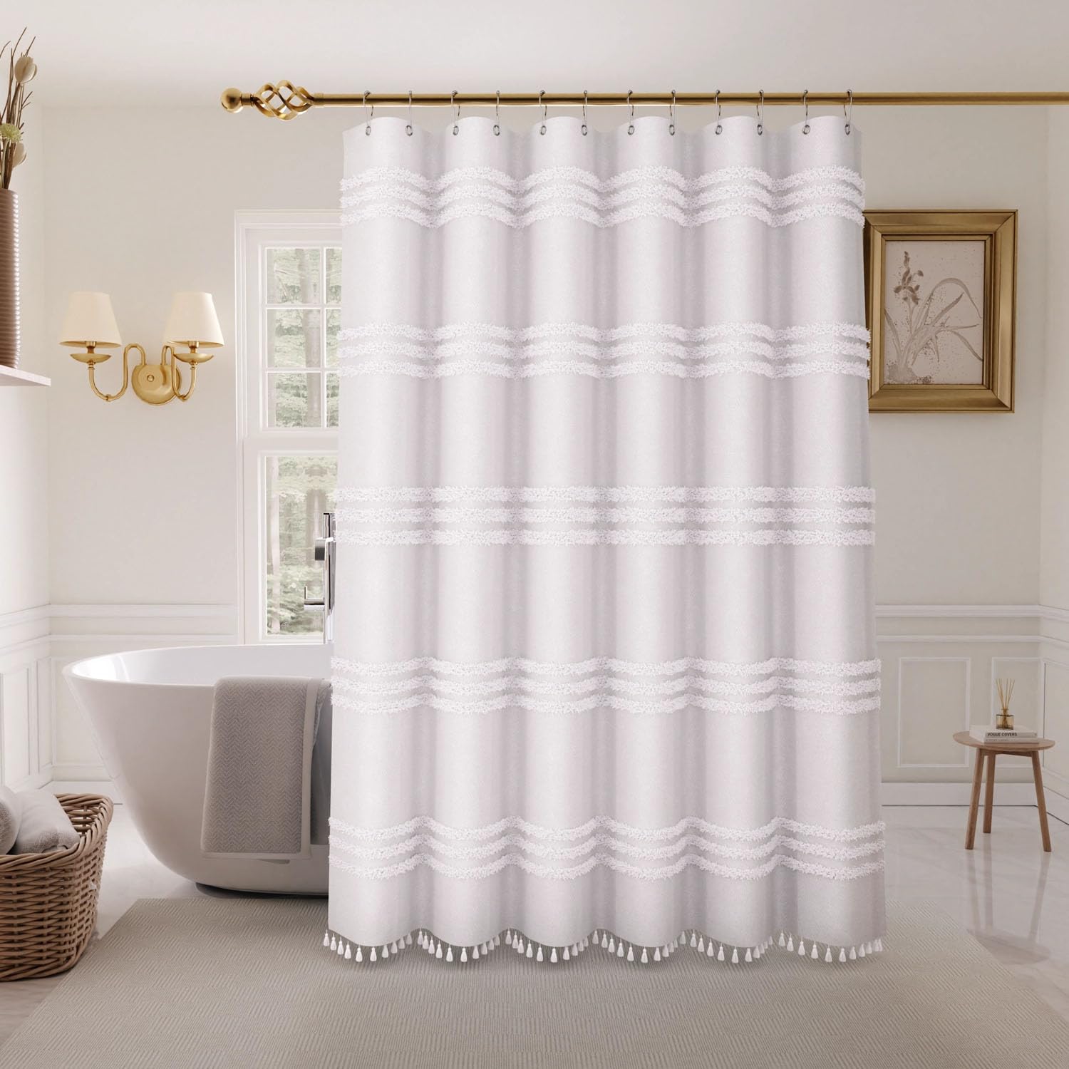 Inhousolu Long Woven Fabric Shower Curtain, 256GSM, Boho Tufted Textured Striped Tassel, Wrinkle Free, Modern Farmhouse, Waterproof Cloth Curtain for