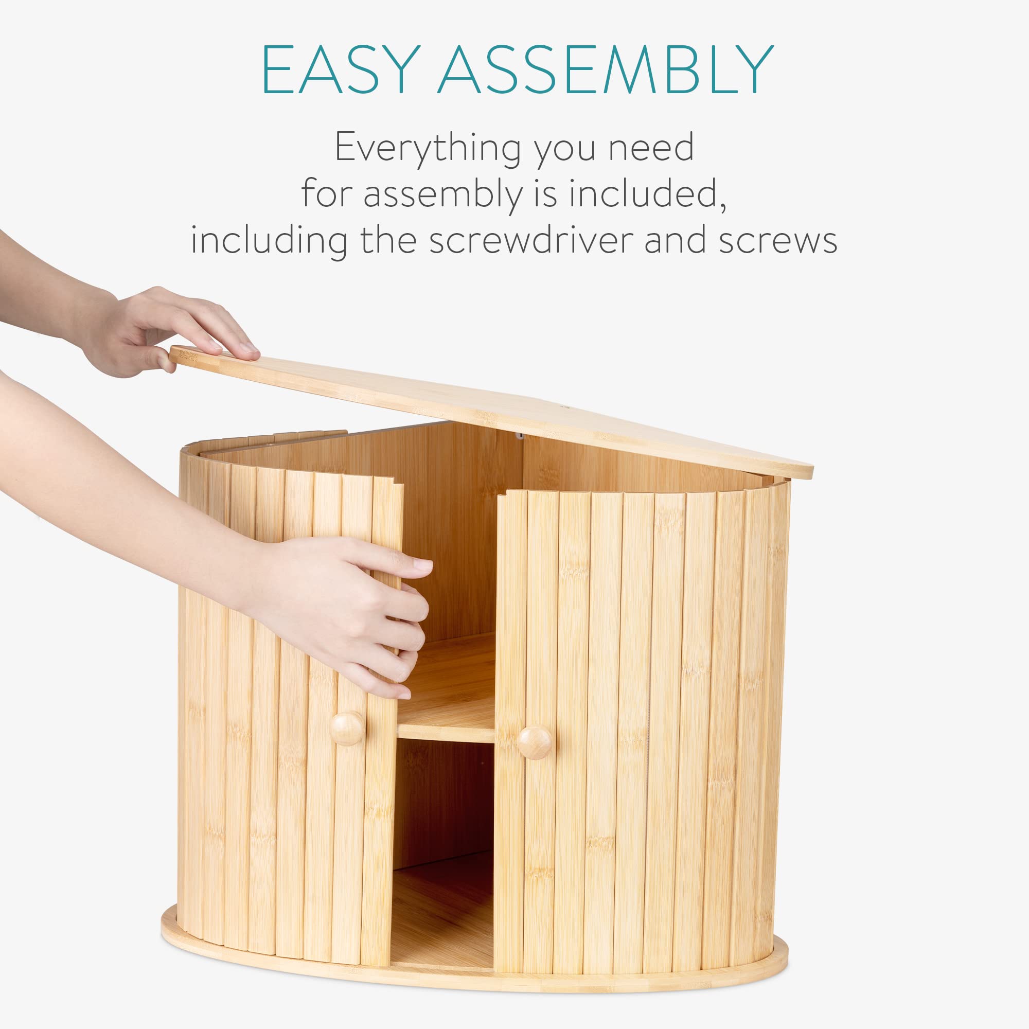 Navaris Wooden Bread Bin- Countertop Kitchen Corner Bread Bun Farmhouse Loaf Bagel Wood Container with Sliding Doors - Corner Wood Breadbox