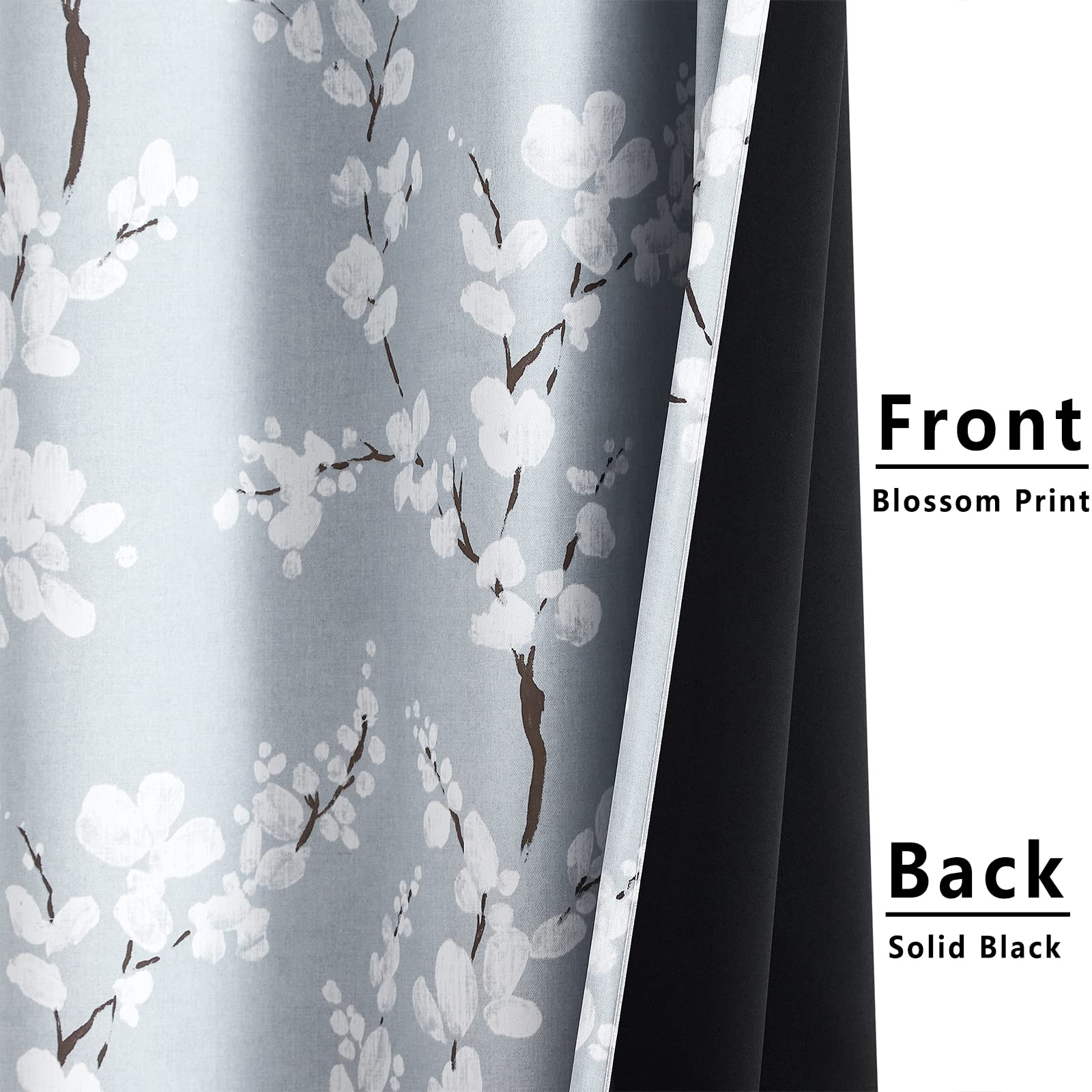 Fmfunctex Grey Floral Blackout Curtains for Bedroom 54 inch Drop Eyelet Curtains for Living Room Nursary Blossom Thermal Insulated Window Curtain