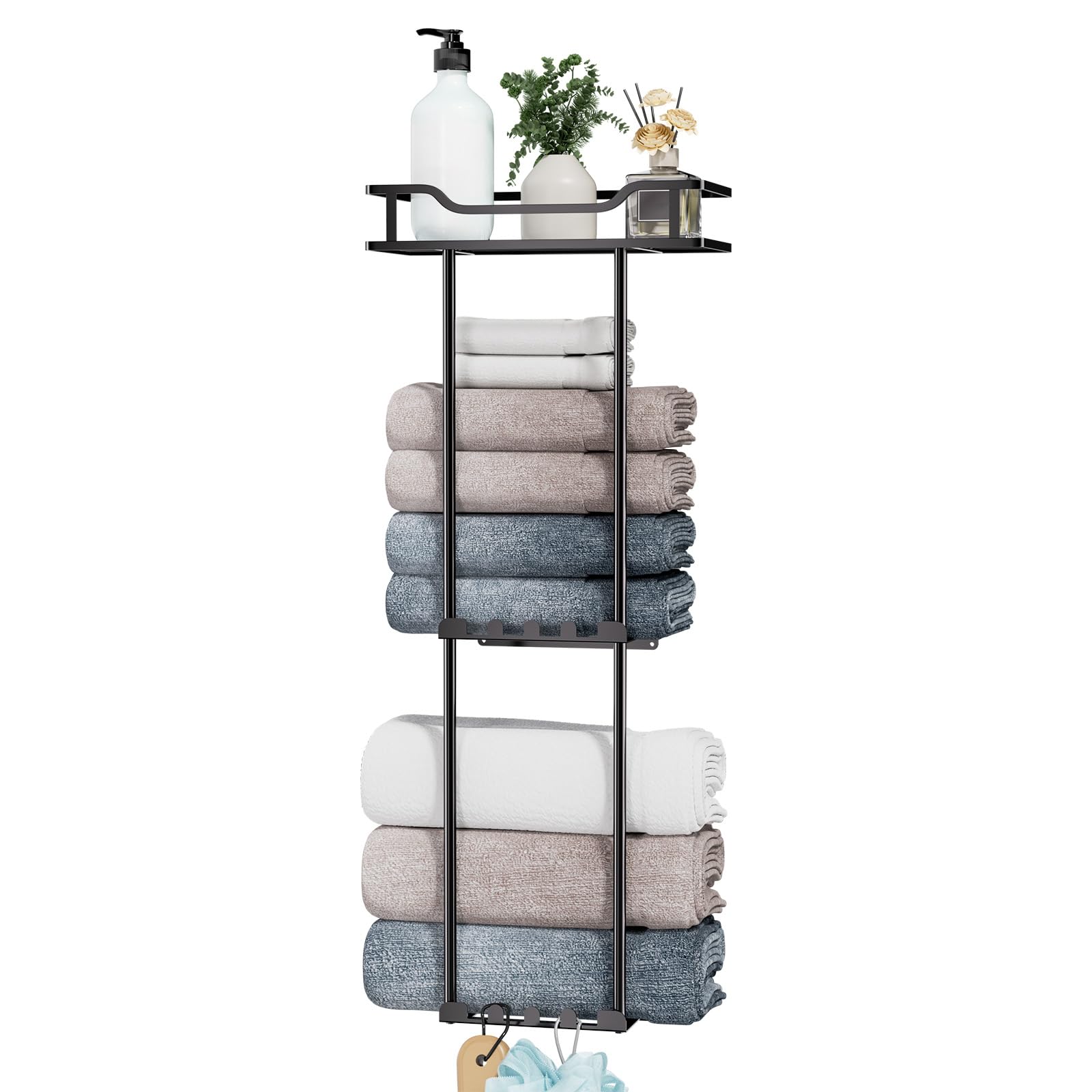 HapiRm Towel Rack Wall Mounted - 3-Tier Bathroom Holder with Storage Basket, Stainless Steel Bathroom Towel Storage, Wall Rack with Hooks & Shelf