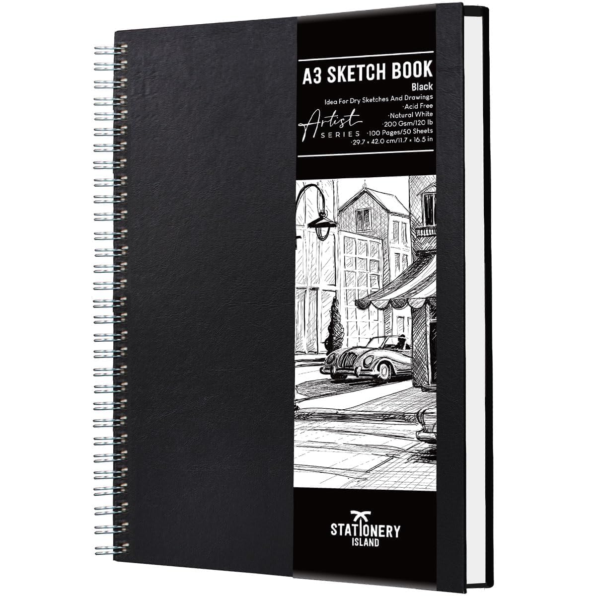 STATIONERY ISLAND A3 Sketch Pad, Hardcover Sketch Book with 200GSM Thick Paper, Spiral Bound Drawing Pad A3, Sketchbook for Sketching, Portrait, 50