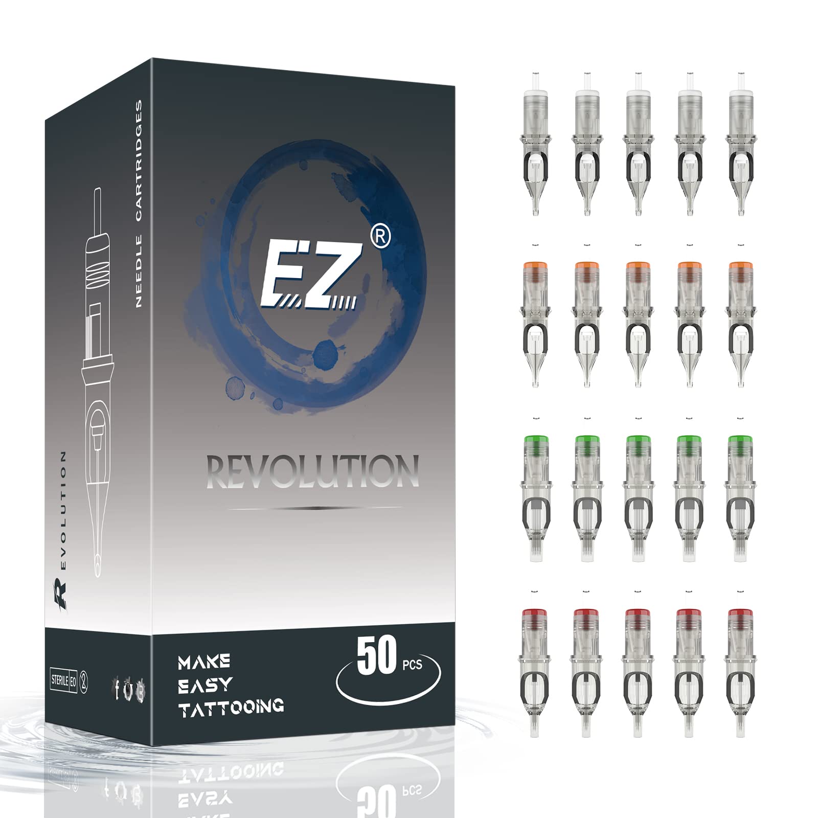 EZ Tattoo Cartridge Needles Assorted - 50Pcs #10 Mixed (3RL 5RL 7M1 9RM) & #12 (7RS) Tattoo Needle Cartridges for Tattooing Rotary Tattoo Pen Machine