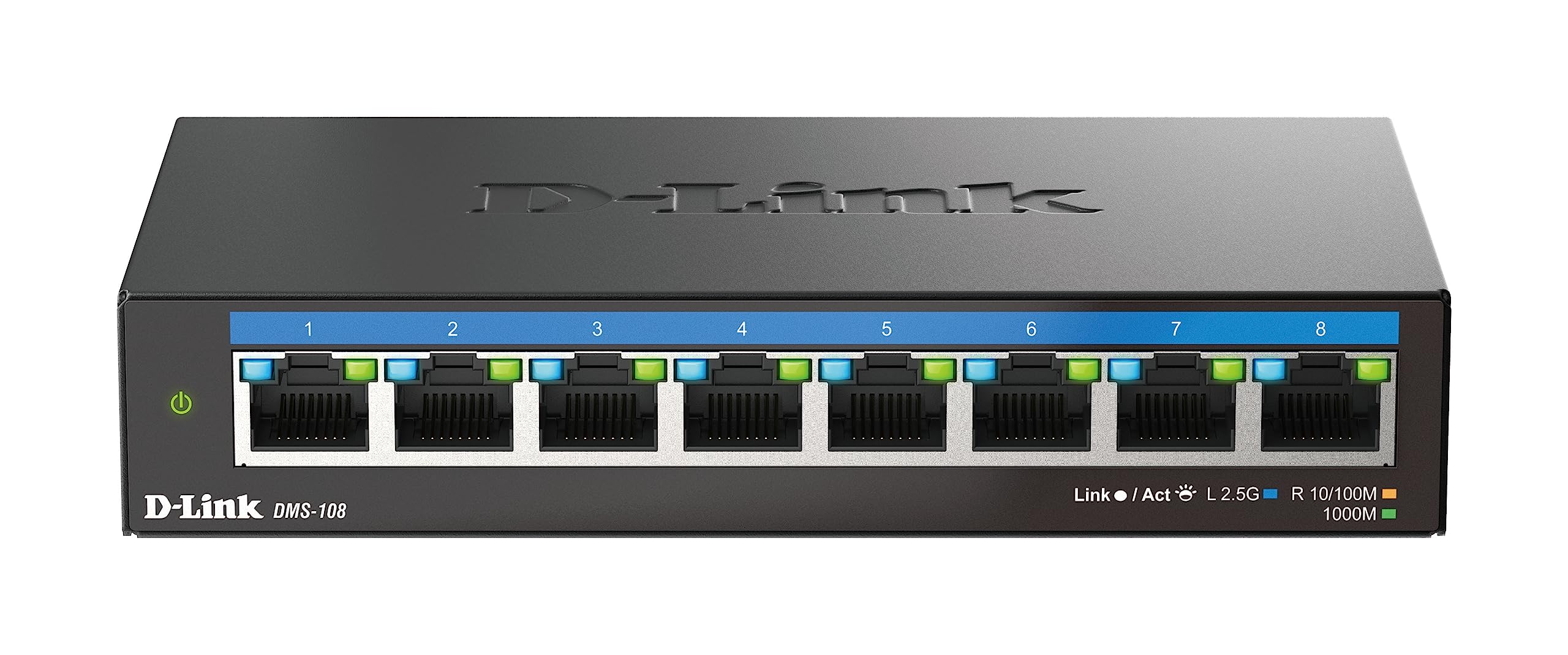 D-Link DMS-108 8-Port 2.5G Multi-Gigabit Unmanaged Desktop Switch with eight 2.5 Gigabit Ports, Fanless, Low Profile, Compact, Metal Housing, QoS,