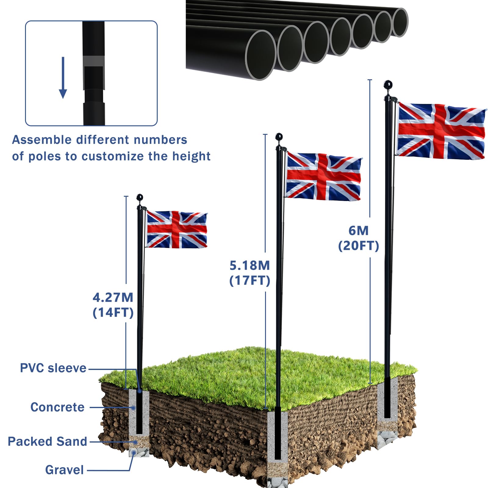 NQ 20FT (6M) Flag Poles for Garden, Sectional Heavy Duty Aluminum Flag Pole Kit with UK Flag, Flag Pole Topper, Flagpole Rope, Outdoor in Ground Flag