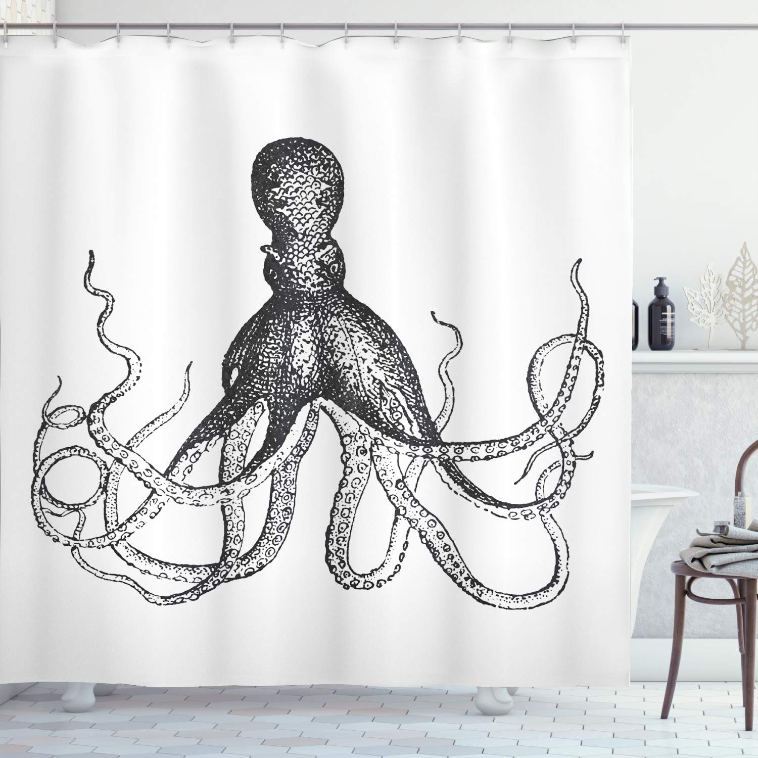 ABAKUHAUS Octopus Shower Curtain, Monochrome Marine Animal Tentacles in Sketch Subaquatic Life Artwork, Cloth Fabric Bathroom Decor Set with Hooks, 94