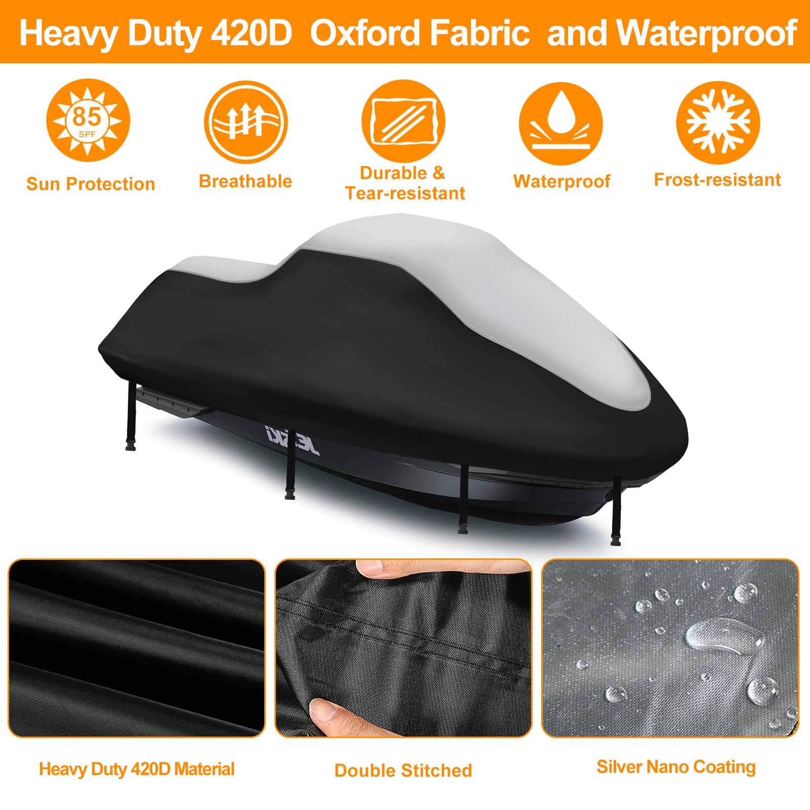 Waterproof Jet Ski Covers,Upgraded 420D Heavy Duty Motorboat Cover,2 Air Vent Marine Grade UV Resistant for Yamaha,Seadoo,Kawasaki,Waverunner Polaris