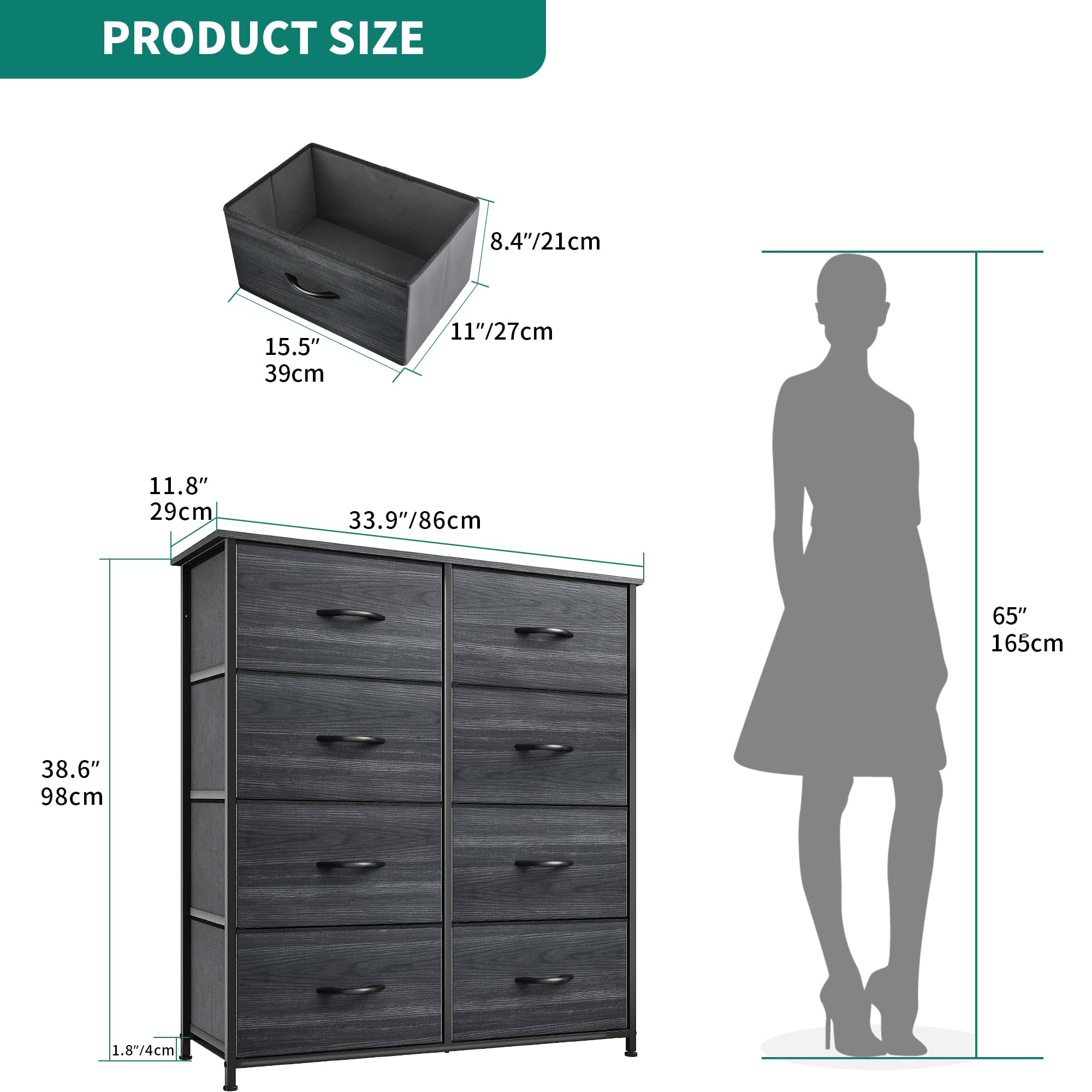 YITAHOME Chest of Drawer with 8 Drawers for Bedroom Fabric Dresser Storage Drawers With Handles Metal Frame for Living Room, Hallway,Charcoal Black