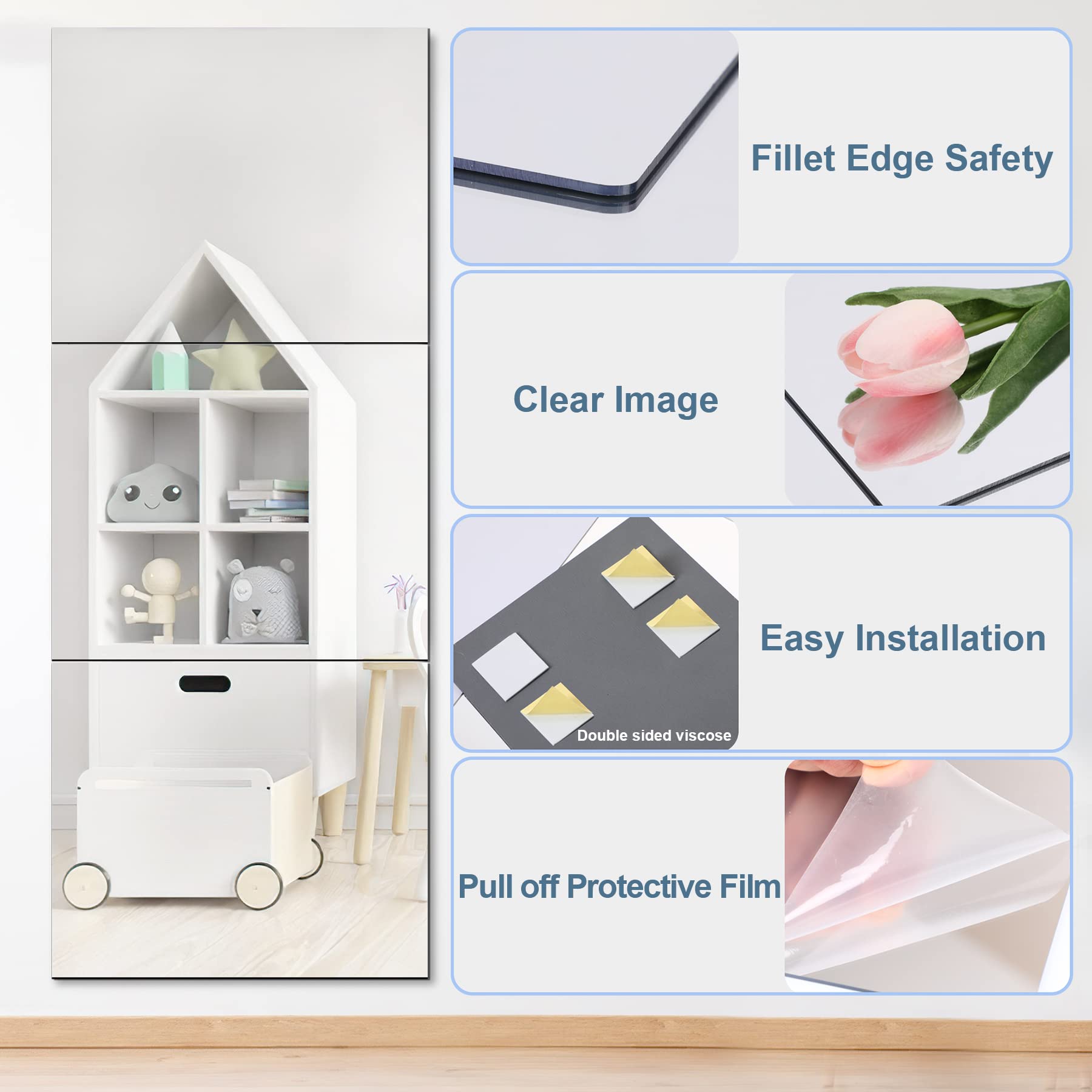 4 Pack Self Adhesive Mirror 50x60cm Adhesive Mirror Tiles 2MM Thick Acrylic Stick On Wall Mirrors Sheets Removable Mirror Tiles for Home Decoration