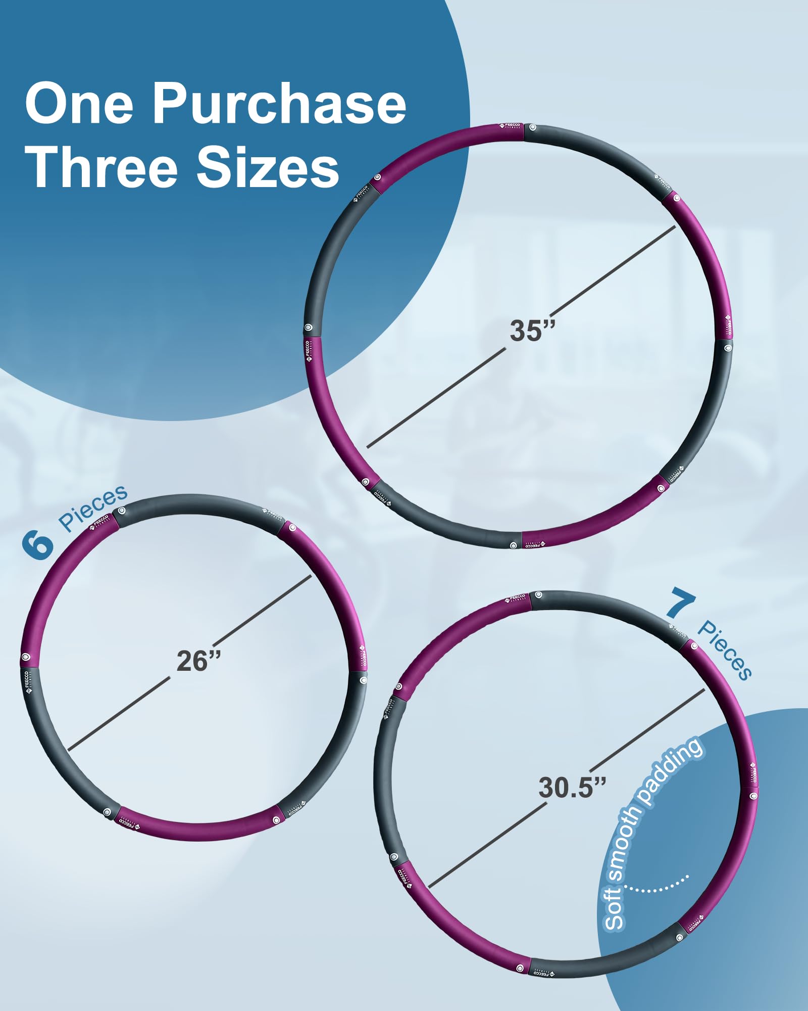 FEECCO FITNESS Weighted Hula Hoop, 2-4 LB, 8 Detachable Sections, Plus Size for Adults, Home Gym or Travel