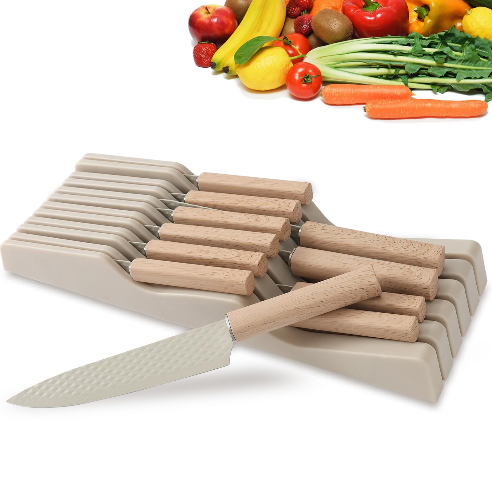 Wekity in-Drawer Knife Block Set, 12PCS Kitchen Knife Set, Ultra Sharp Stainless Steel Non-Stick Coating Chef Knife Set, Cooking Knives Drawer